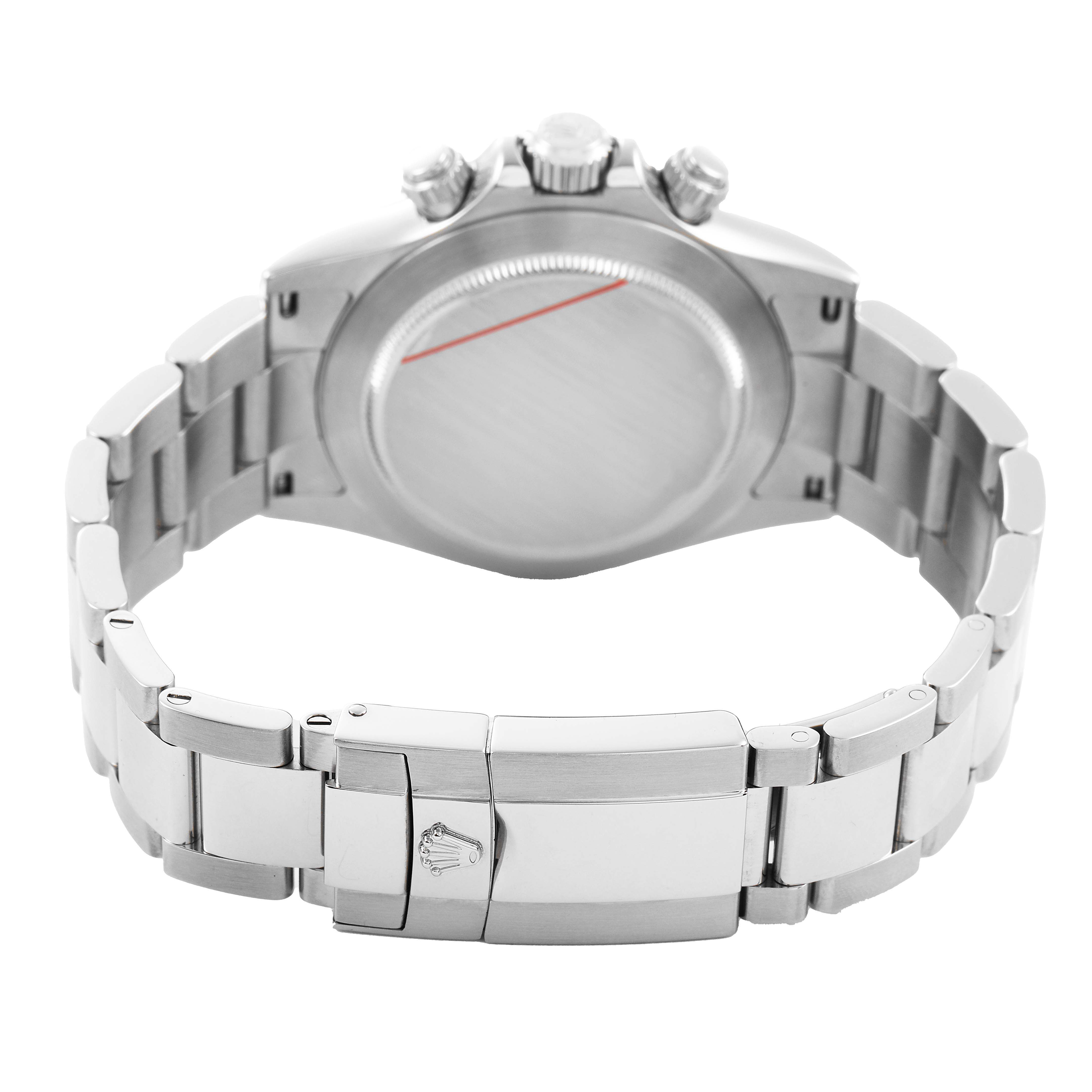 The image shows the back of a Rolex Daytona 116520 Men's Stainless Steel White Dial, highlighting the case back and bracelet clasp from a rear angle.