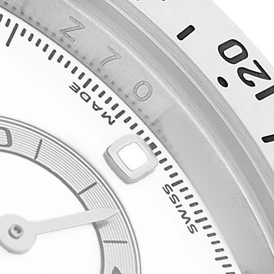The image shows a close-up of the dial, hands, and part of the bezel on a Rolex Daytona 116520 Men's Stainless Steel White Dial watch, highlighting the "Swiss Made" text.