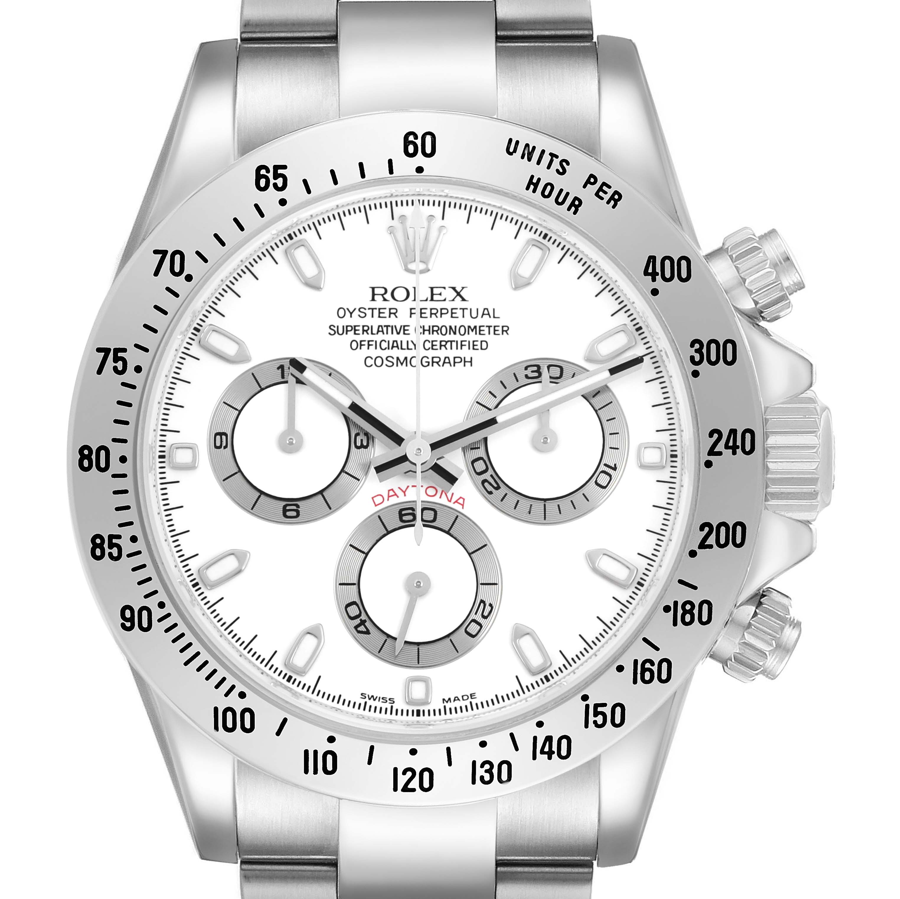 The Rolex Daytona 116520 Men's Stainless Steel White Dial watch is shown from a front view, highlighting its face, bezel, and side pushers.