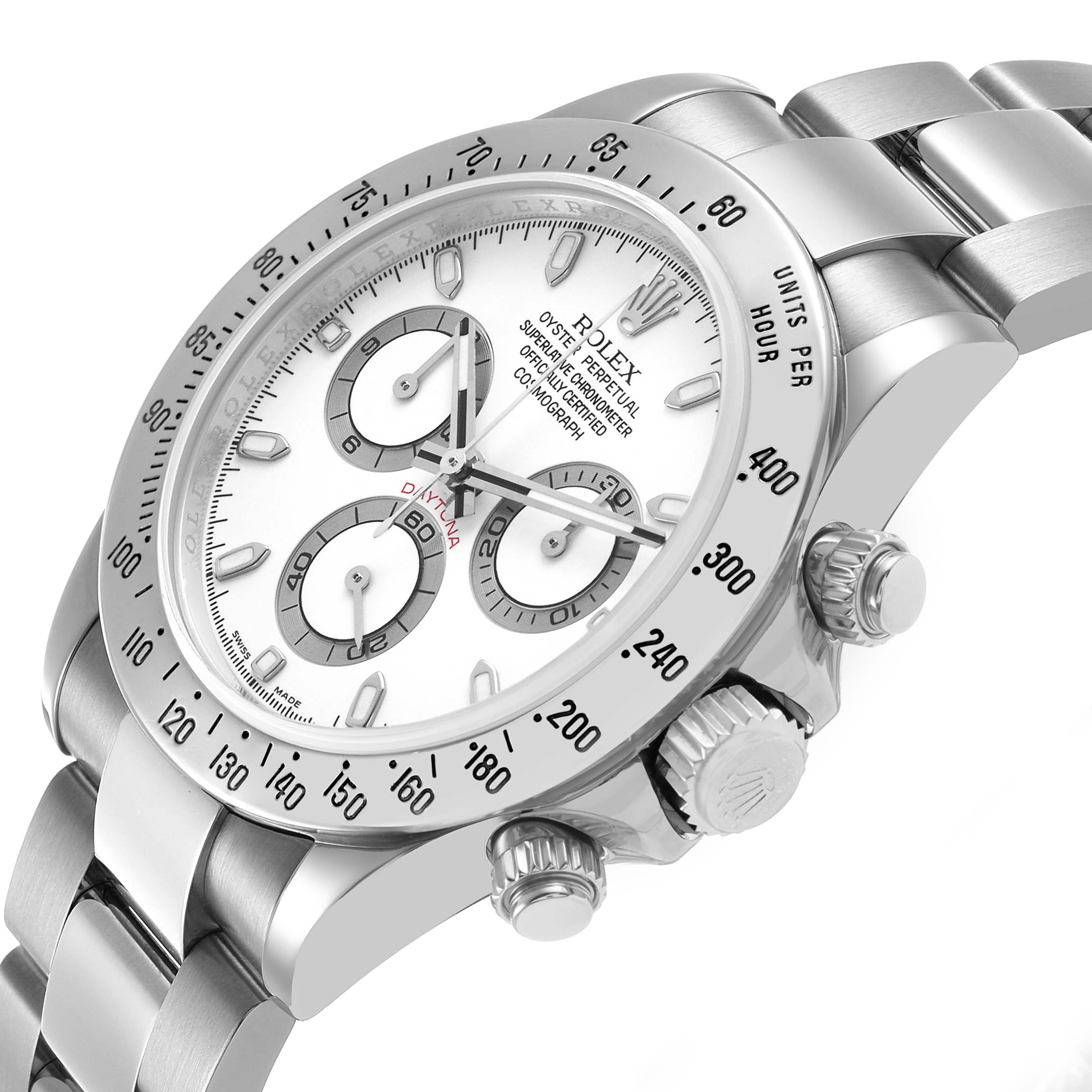 The image shows a Rolex Daytona 116520 Men's Stainless Steel White Dial watch, angled to highlight the face, bezel, pushers, and part of the bracelet.