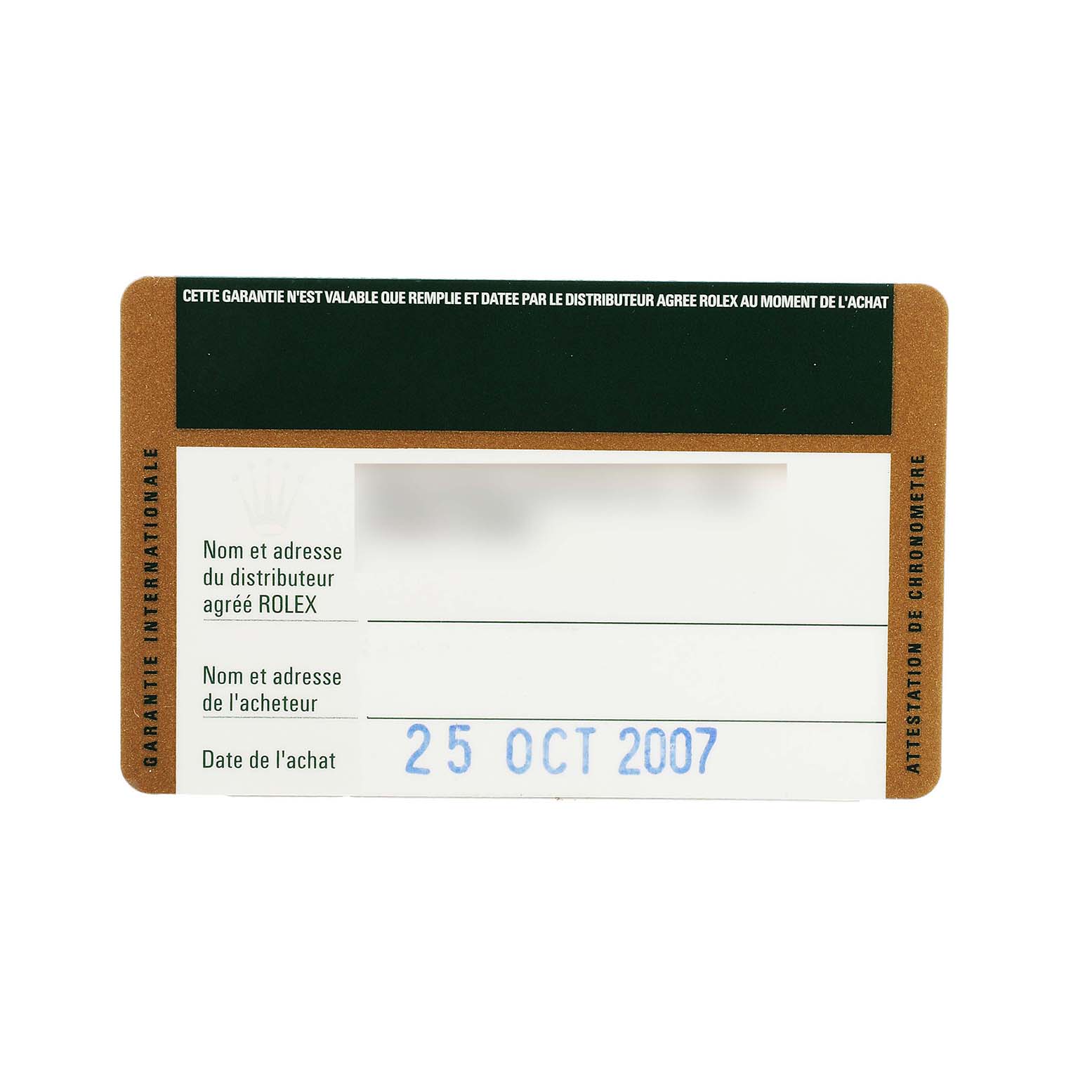 The image shows a warranty card for a Rolex Daytona 116520 Men's Stainless Steel White Dial, displaying purchase date and registration details.