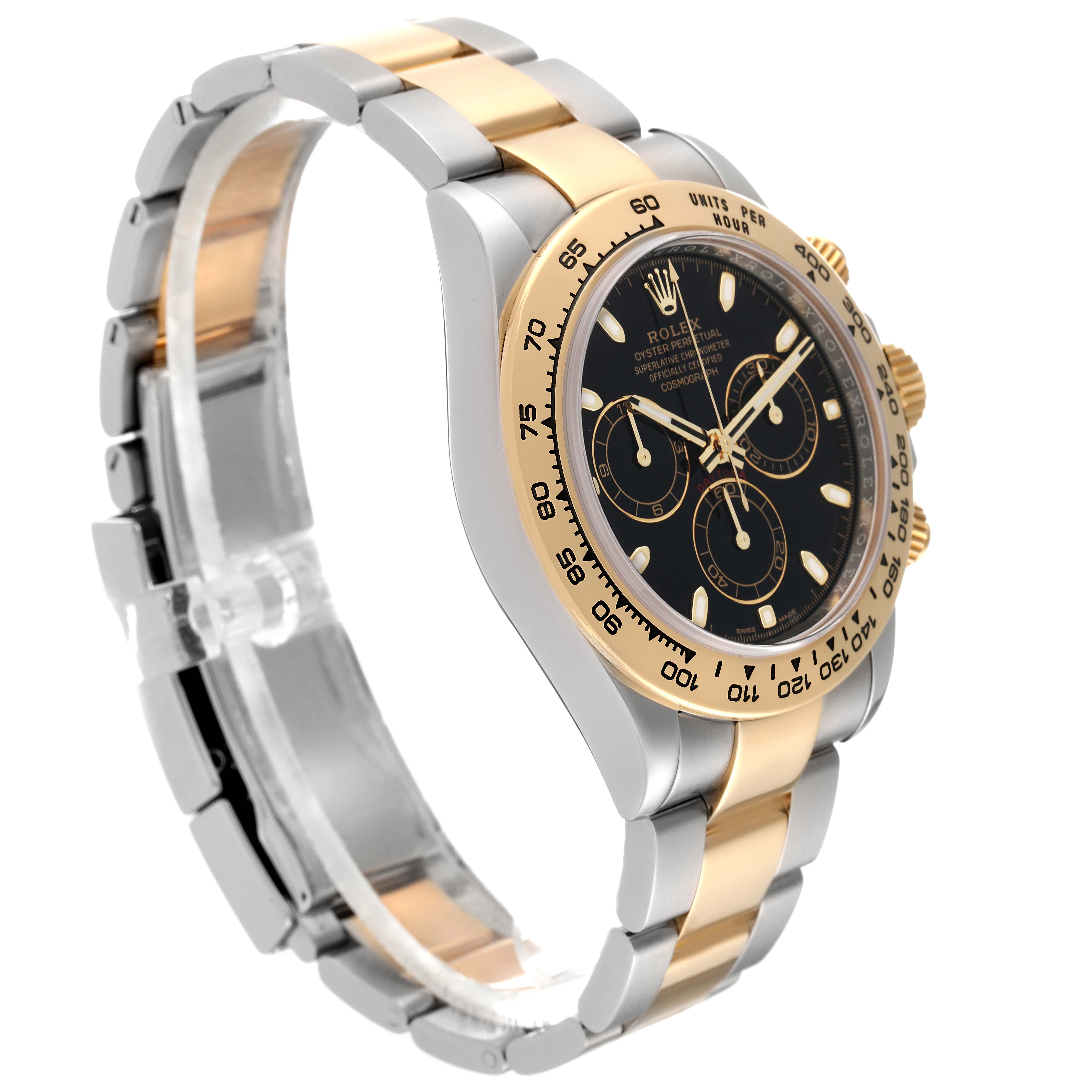 The Rolex Daytona 116503 Men's Steel and Gold (two tone) Black Dial 116503 Men's Steel and Gold (two tone) Black Dial watch is shown at an angled side view, highlighting its gold and silver bracelet and black dial with three subdials.