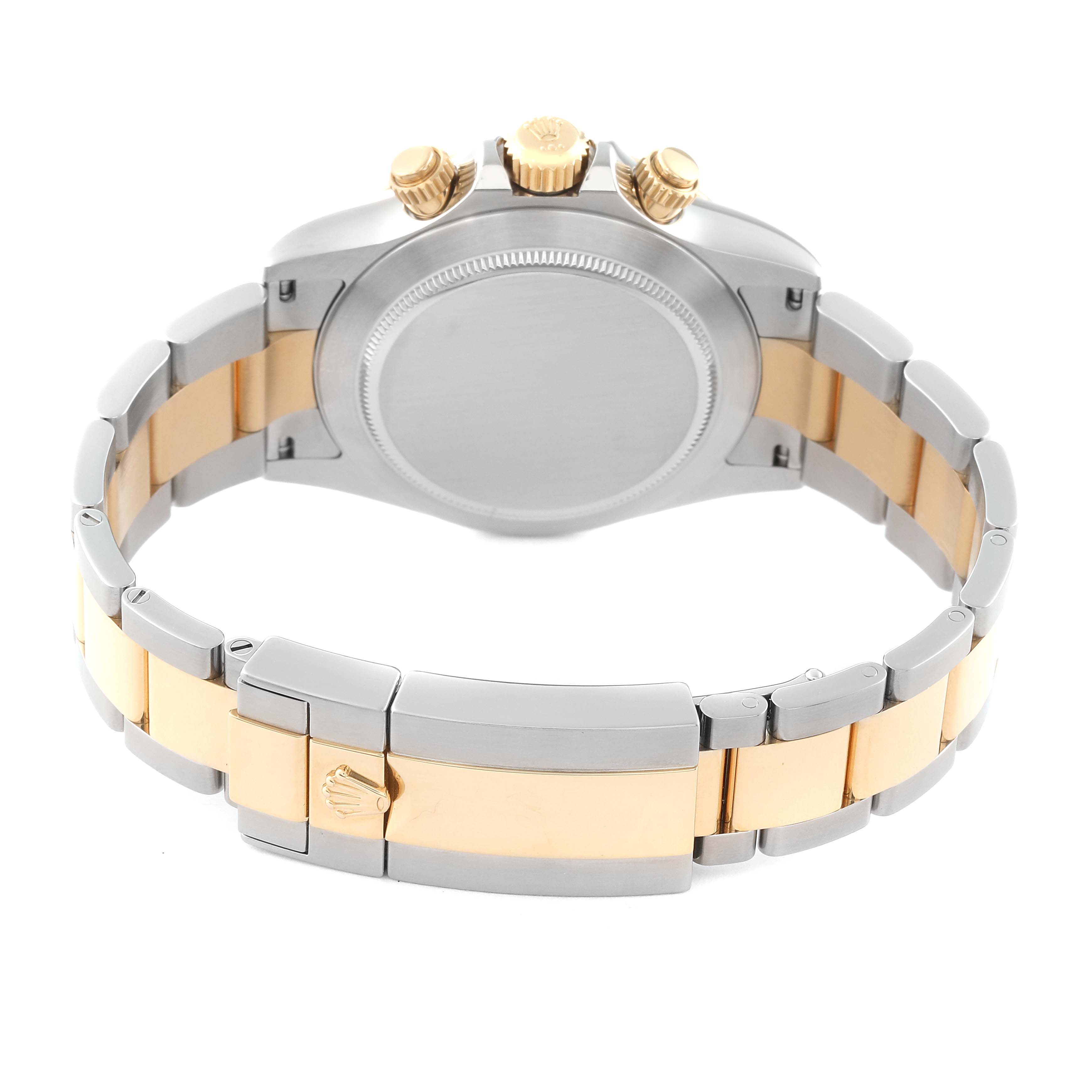 The image shows the back view of a Rolex Daytona 116503 Men's Steel and Gold (two tone) Black Dial 116503 Men's Steel and Gold (two tone) Black Dial watch, highlighting the bracelet, clasp, and crown.