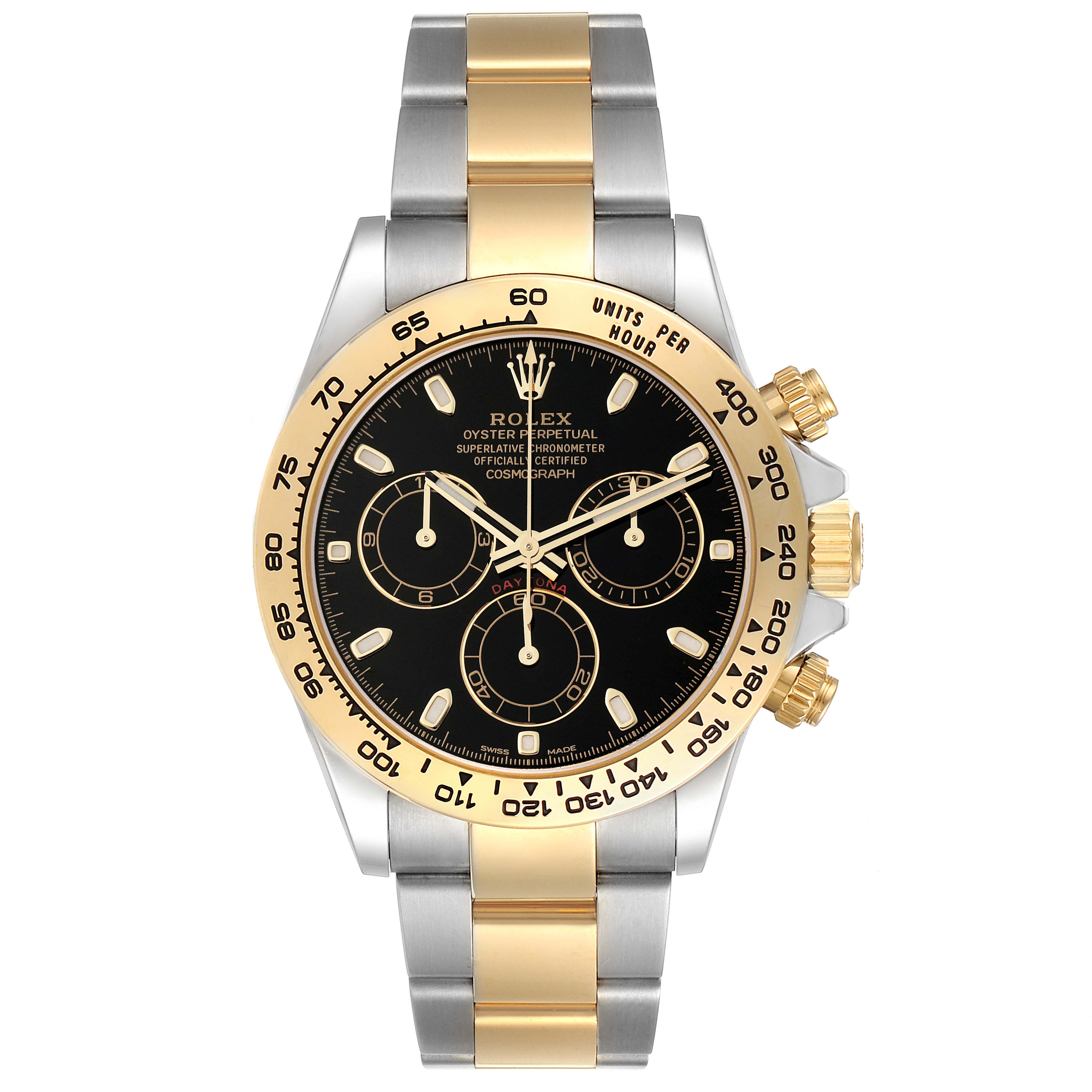 This image shows a Rolex Daytona 116503 Men's Steel and Gold (two tone) Black Dial 116503 Men's Steel and Gold (two tone) Black Dial watch with a front angle view displaying the dial, bezel, and two-tone bracelet.