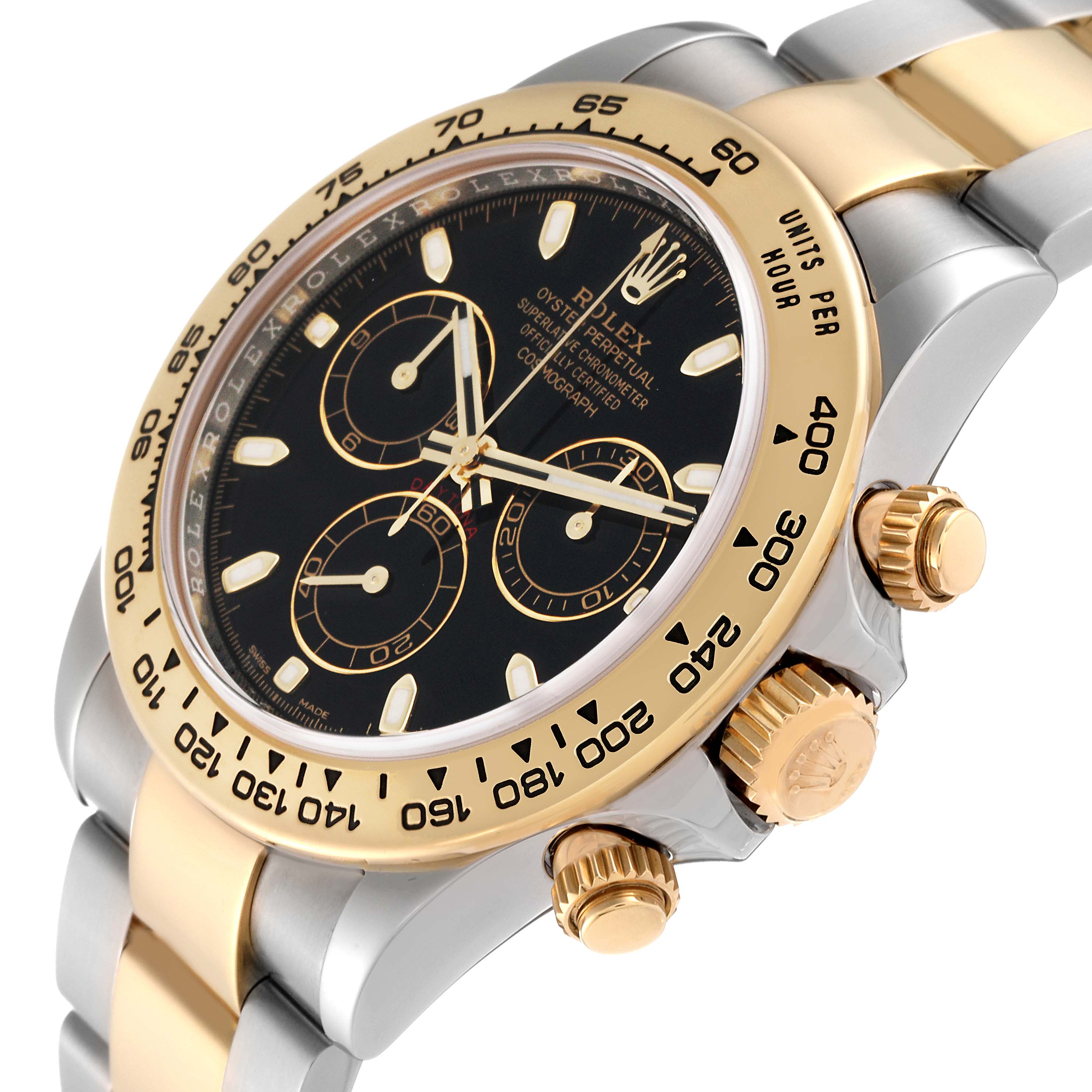 The image shows a close-up, angled view of the Rolex Daytona 116503 Men's Steel and Gold (two tone) Black Dial 116503 Men's Steel and Gold (two tone) Black Dial watch, highlighting its dial, bezel, pushers, and part of the bracelet.
