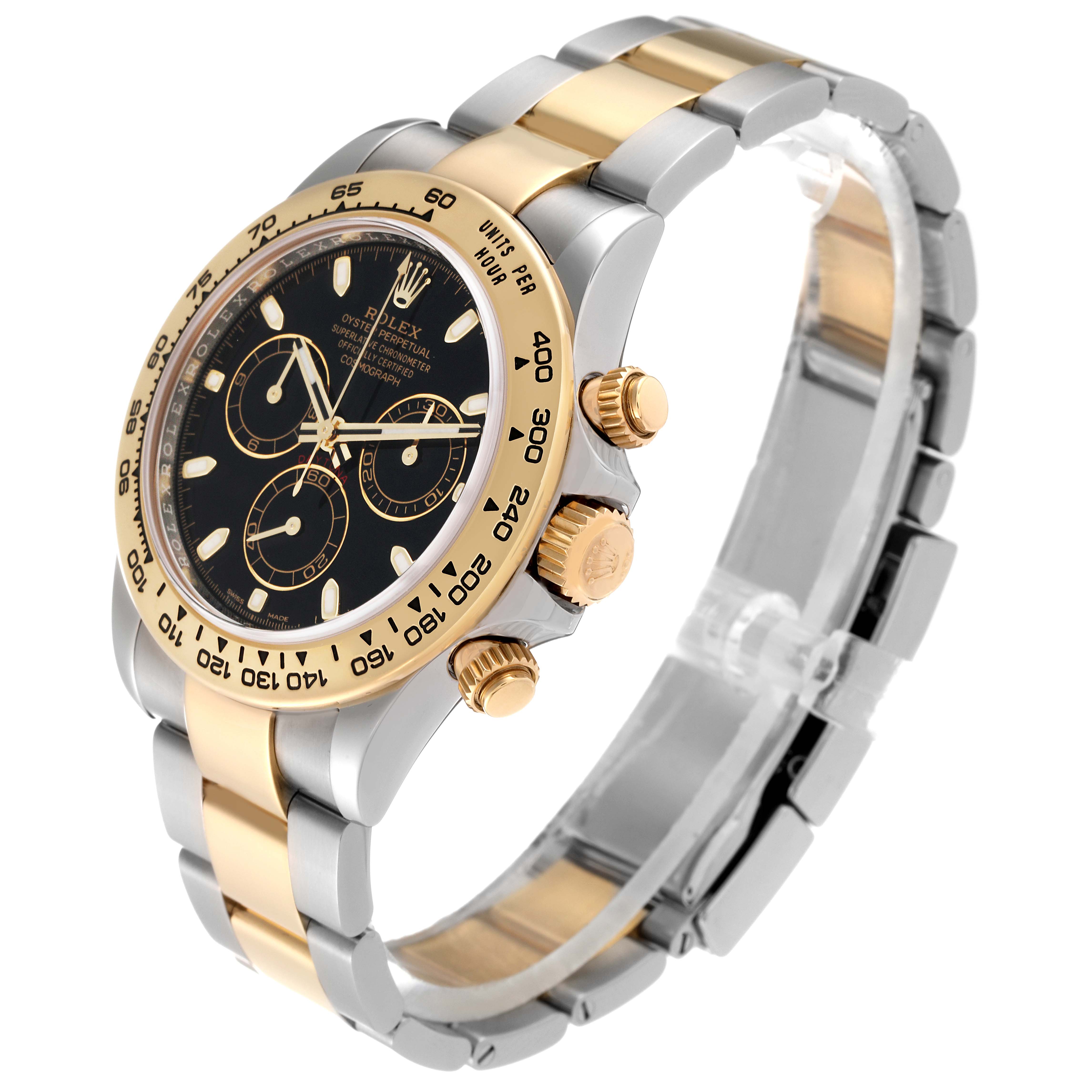 This image shows a Rolex Daytona 116503 Men's Steel and Gold (two tone) Black Dial 116503 Men's Steel and Gold (two tone) Black Dial watch at an oblique angle, highlighting its two-tone bracelet, bezel, and dial with three subdials.