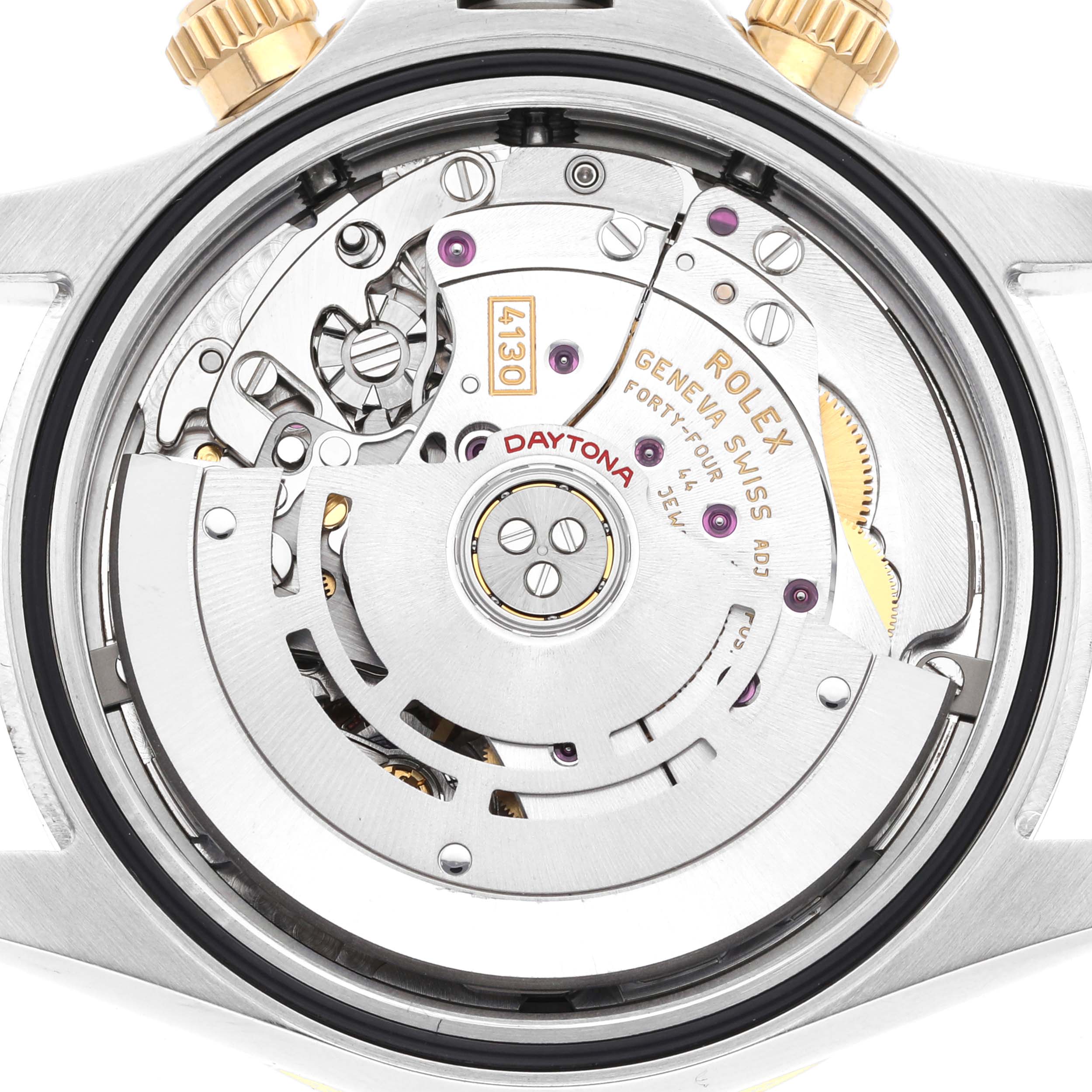 This image shows the back view of a Rolex Daytona 116503 Men's Steel and Gold (two tone) Black Dial 116503 Men's Steel and Gold (two tone) Black Dial watch, featuring its intricate inner movement and components.