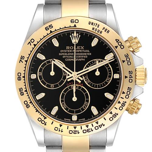 The image shows a frontal view of the Rolex Daytona watch, displaying its bezel, dial, hands, and chronograph subdials.