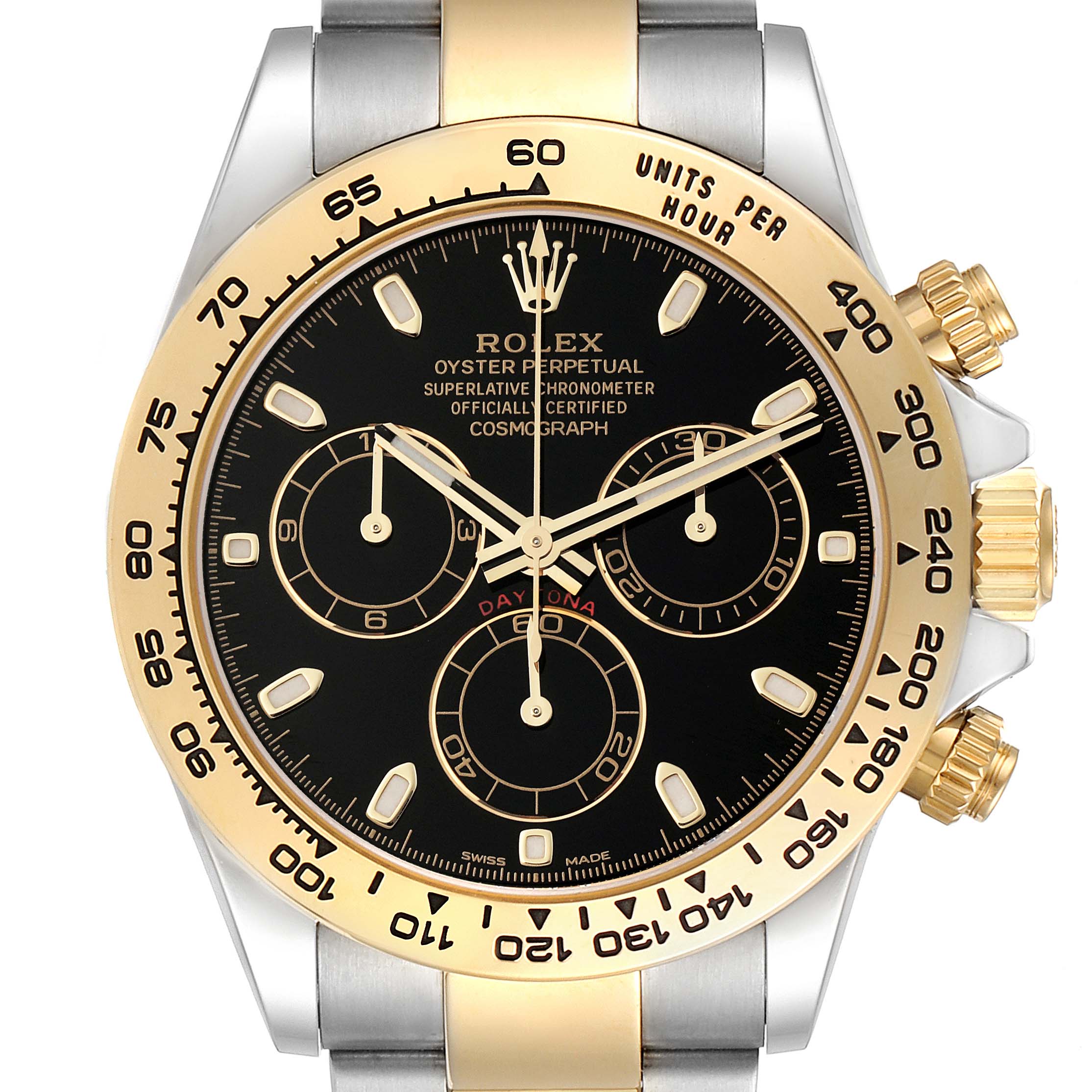 This image shows a close-up front view of a Rolex Daytona 116503 Men's Steel and Gold (two tone) Black Dial 116503 Men's Steel and Gold (two tone) Black Dial watch, highlighting its bezel, dial, and sub-dials.