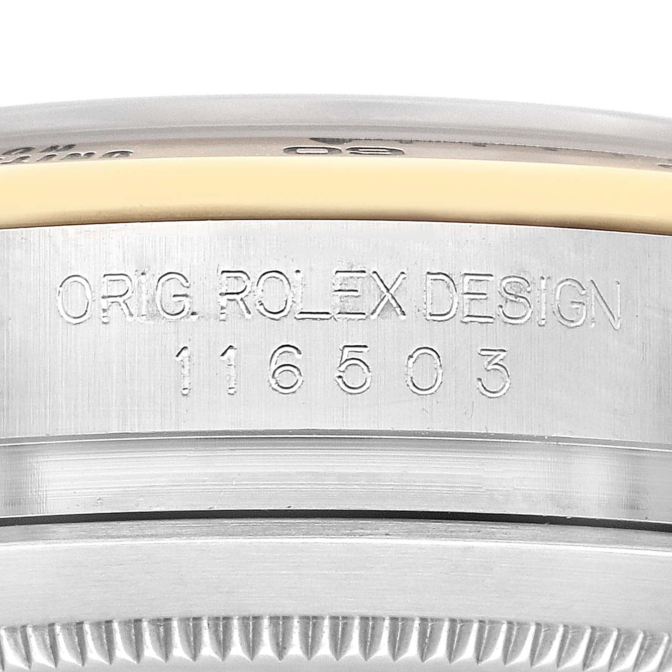 This image shows the side engraving of a Rolex Daytona 116503 Men's Steel and Gold (two tone) Black Dial 116503 Men's Steel and Gold (two tone) Black Dial watch featuring the original Rolex design and the model number 116503.