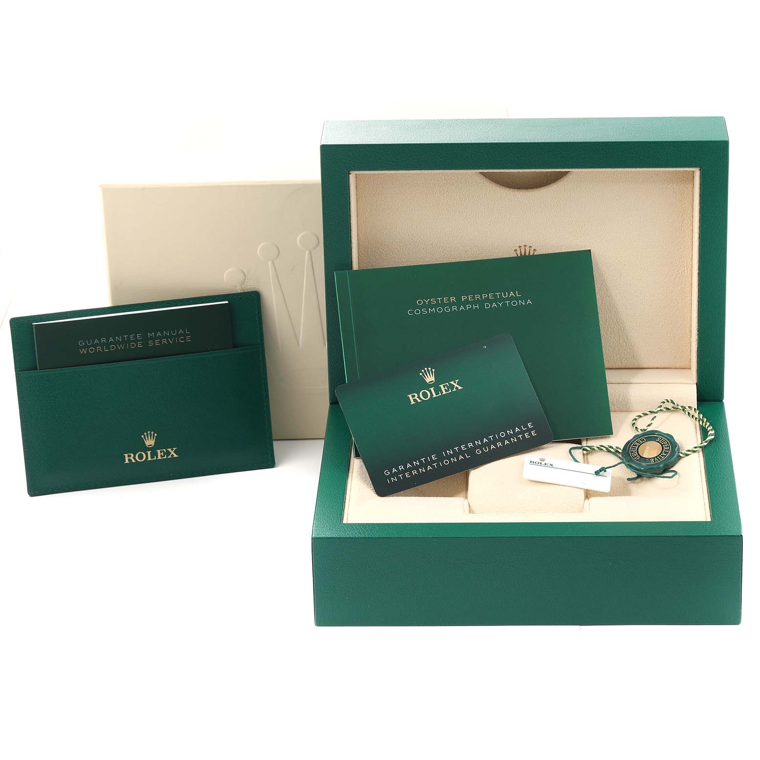 The image shows the packaging and accessories, including manuals and tags, for a Rolex Daytona 126503 Men's Steel and Gold (two tone) Black Dial 126503 Men's Steel and Gold (two tone) Black Dial watch.