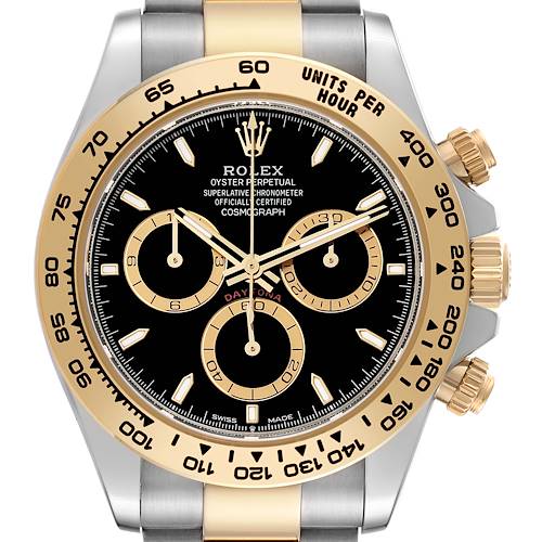 This image displays a front view of the Rolex Daytona watch, highlighting its dial, bezel, and chronograph sub-dials.