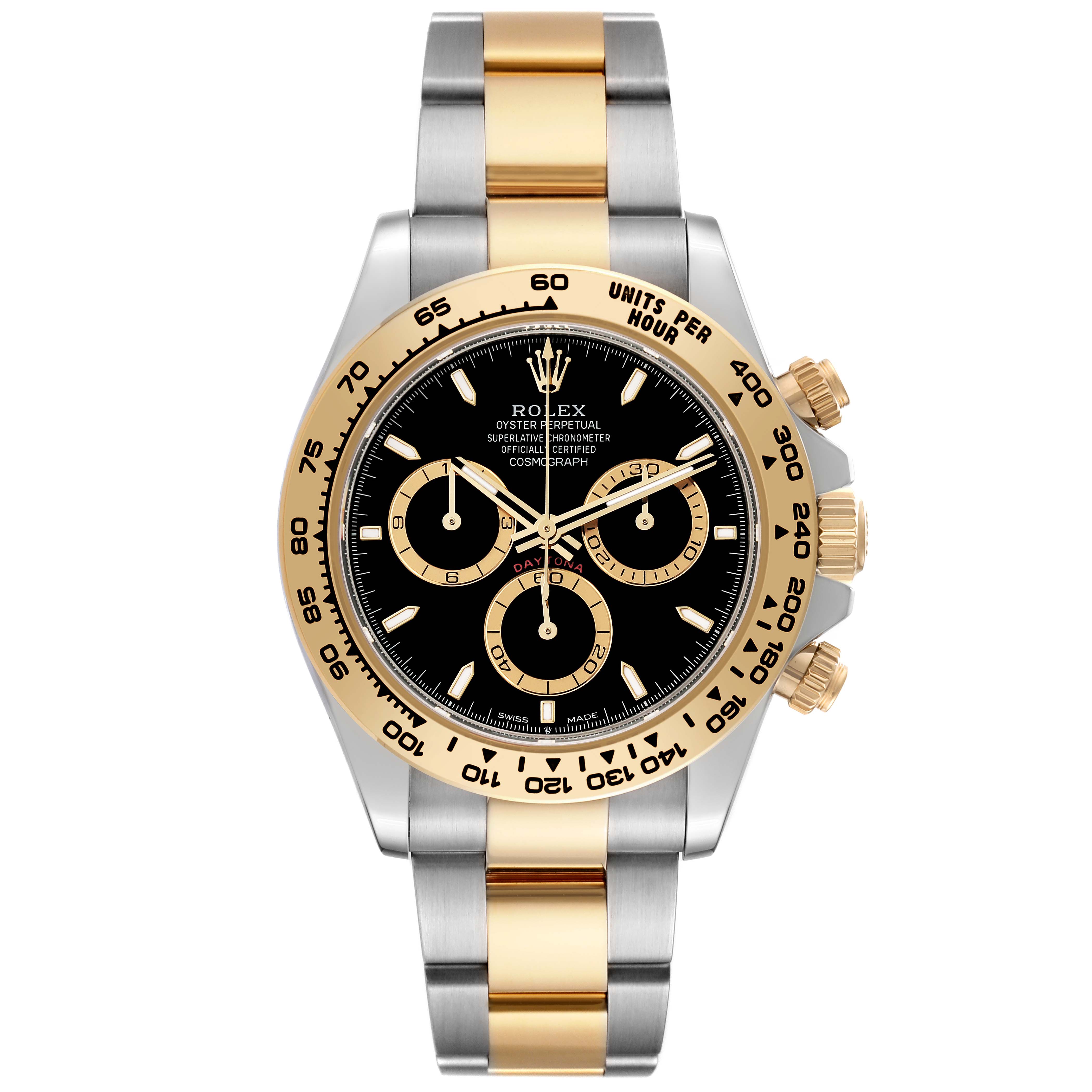 The image shows a Rolex Daytona 126503 Men's Steel and Gold (two tone) Black Dial 126503 Men's Steel and Gold (two tone) Black Dial watch, featuring a gold and silver bracelet, black dial, and a gold bezel with engraved tachymeter scale.