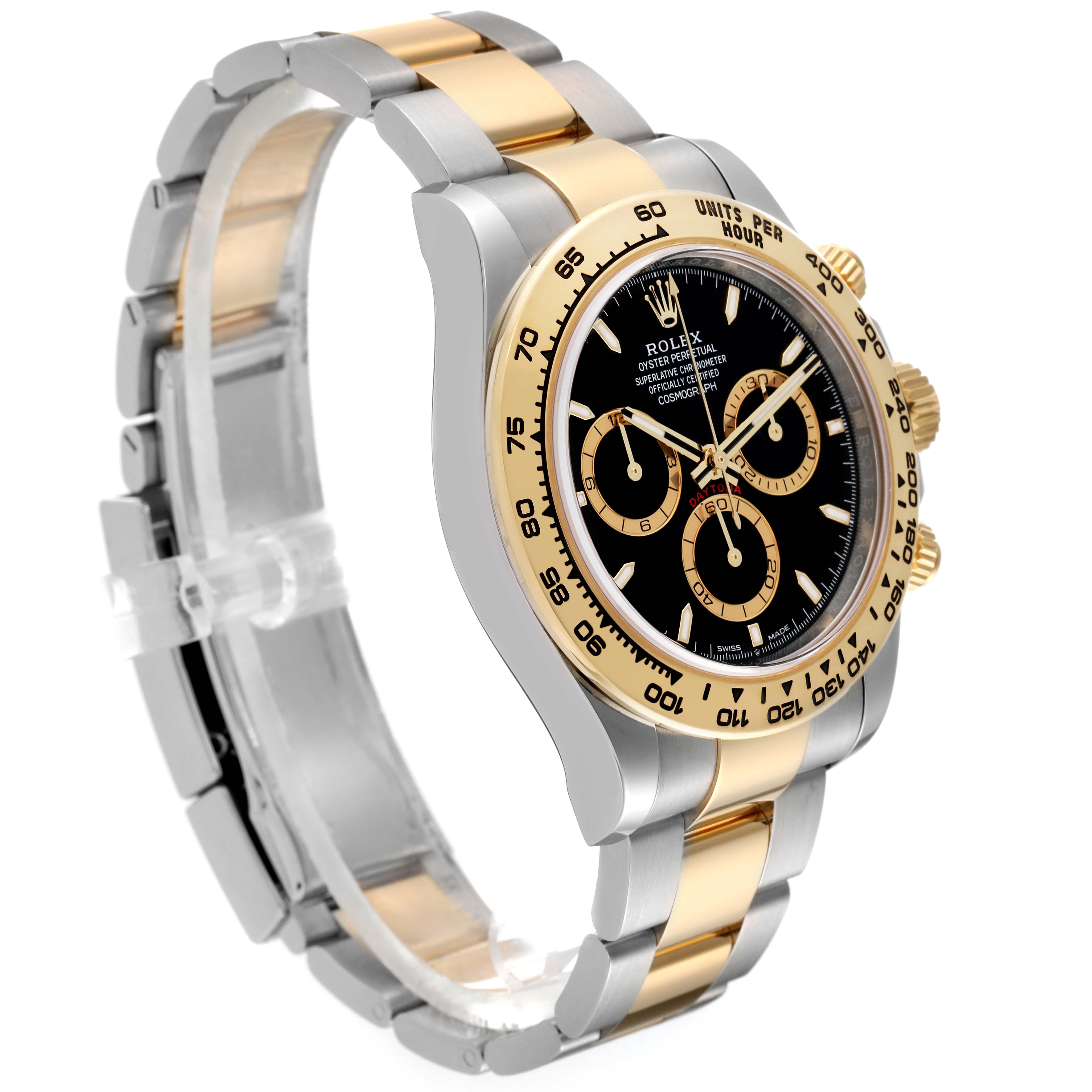 The image shows a side-angle view of a Rolex Daytona 126503 Men's Steel and Gold (two tone) Black Dial 126503 Men's Steel and Gold (two tone) Black Dial watch, displaying its bezel, dial, and bracelet.