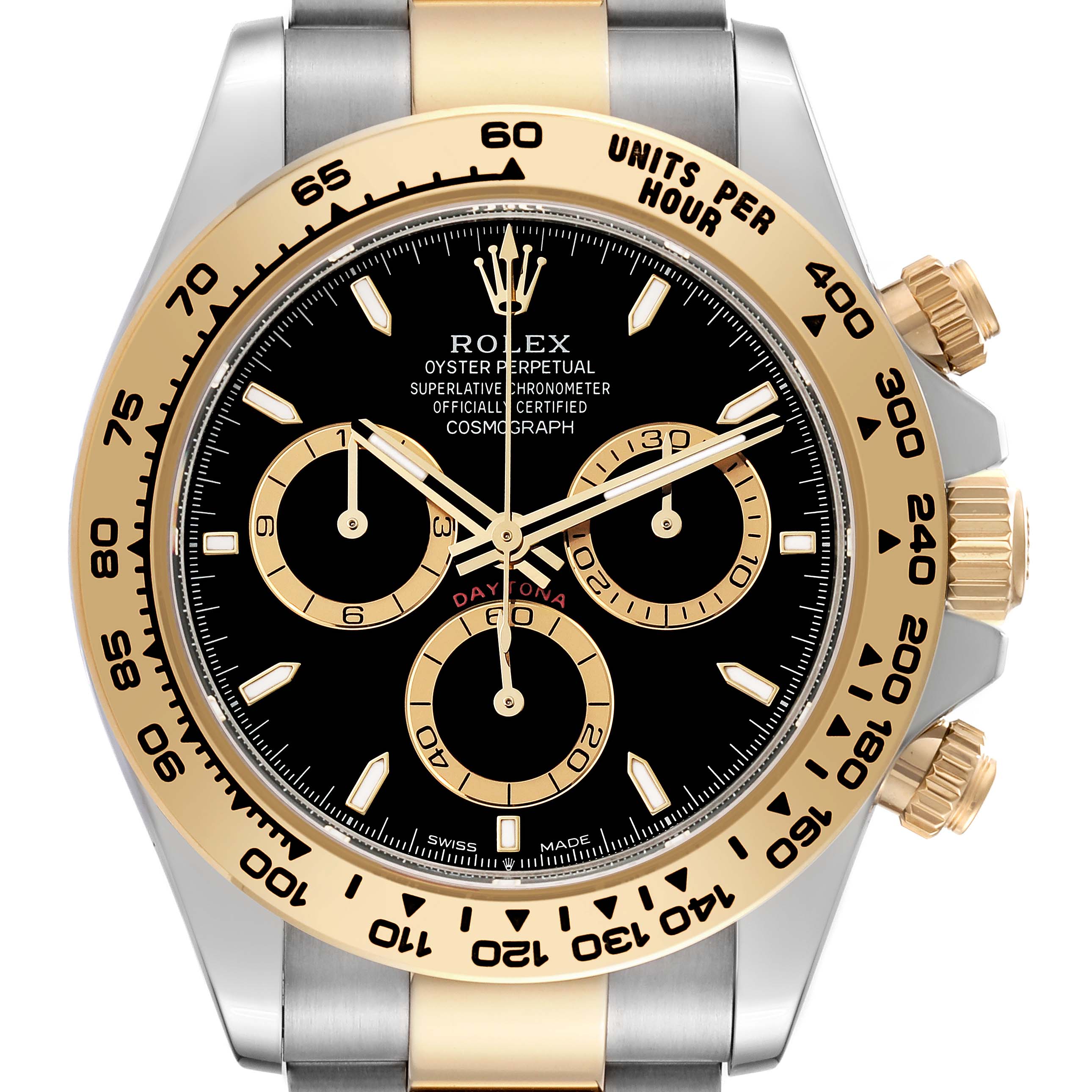 The image shows a Rolex Daytona 126503 Men's Steel and Gold (two tone) Black Dial 126503 Men's Steel and Gold (two tone) Black Dial watch from a front angle, highlighting its bezel, dial, and chronograph features.