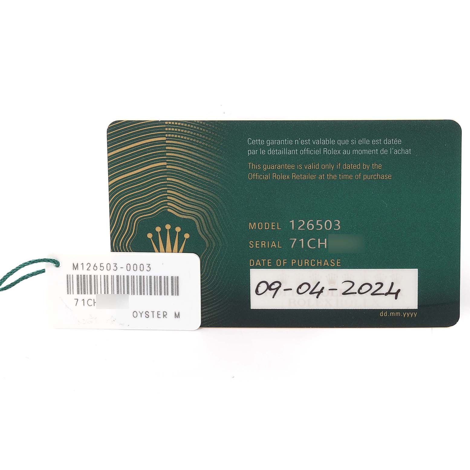 The image shows the guarantee card and tag for the Rolex Daytona 126503 Men's Steel and Gold (two tone) Black Dial 126503 Men's Steel and Gold (two tone) Black Dial model 126503 watch.