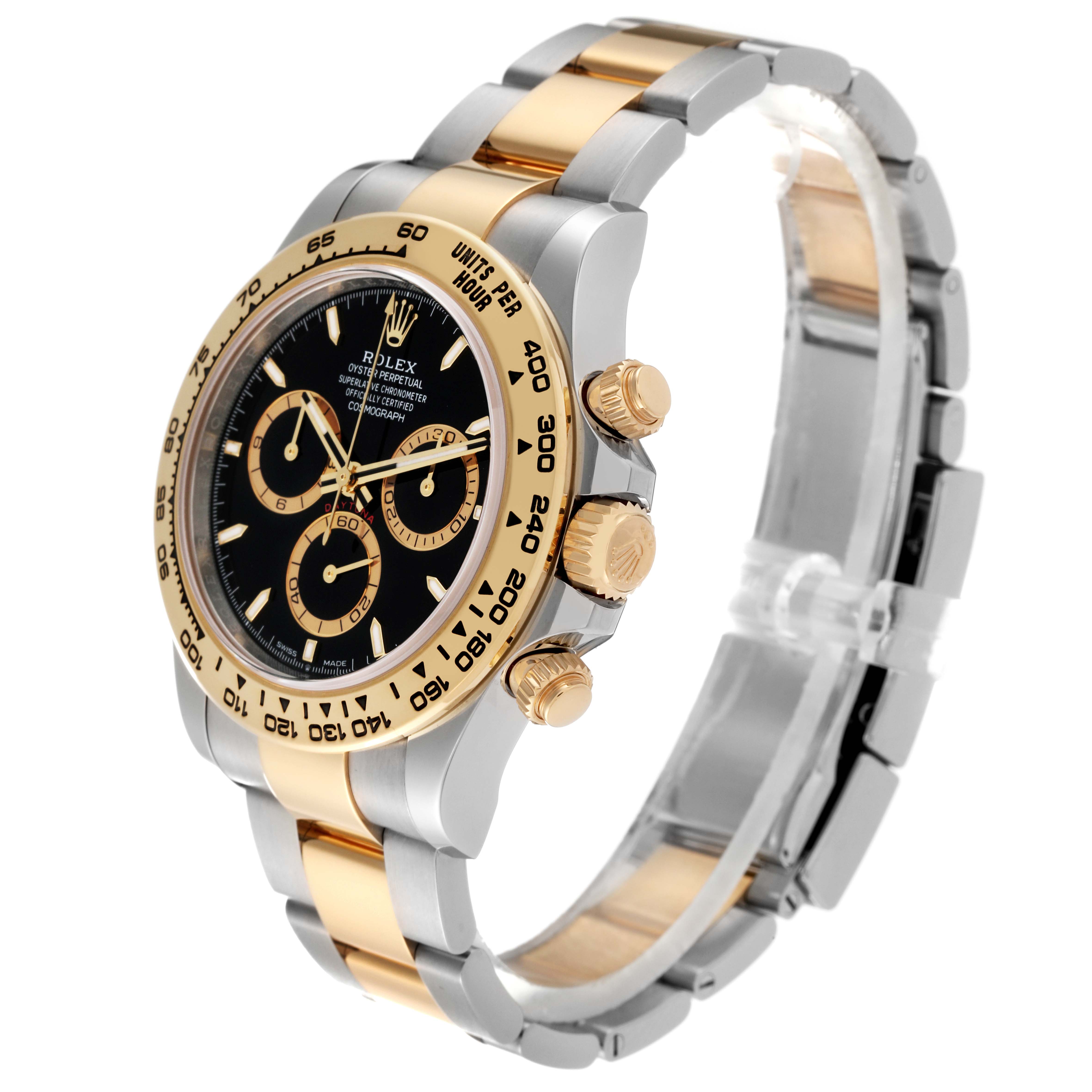 The image shows a side angle of a Rolex Daytona 126503 Men's Steel and Gold (two tone) Black Dial 126503 Men's Steel and Gold (two tone) Black Dial watch, highlighting its bezel, dial, chronographs, and mixed metal bracelet.