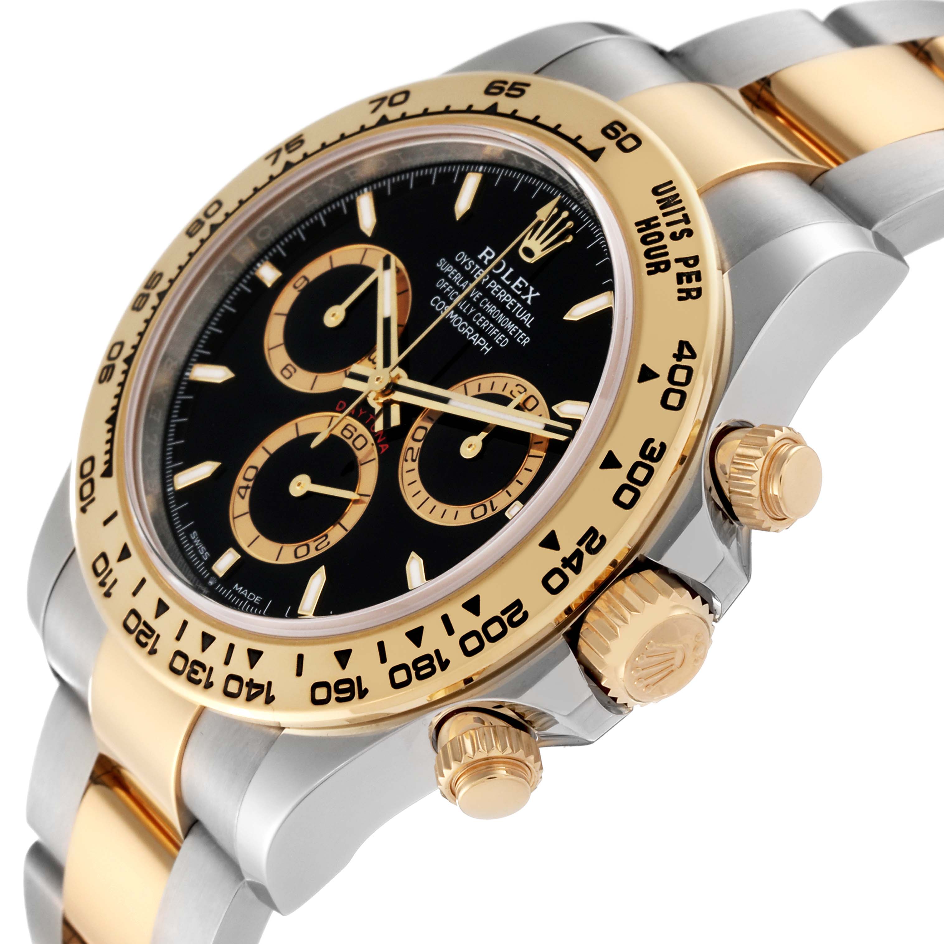The image shows a close-up angle of a Rolex Daytona 126503 Men's Steel and Gold (two tone) Black Dial 126503 Men's Steel and Gold (two tone) Black Dial watch, featuring the bezel, crown, and part of the bracelet.