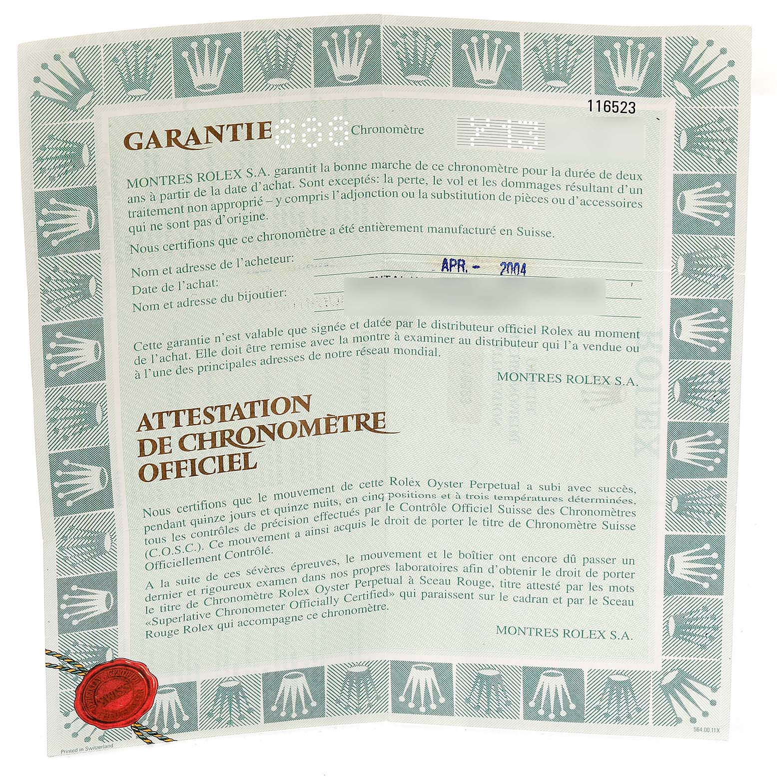 The image shows a Rolex guarantee and chronometer certificate for the Daytona model.