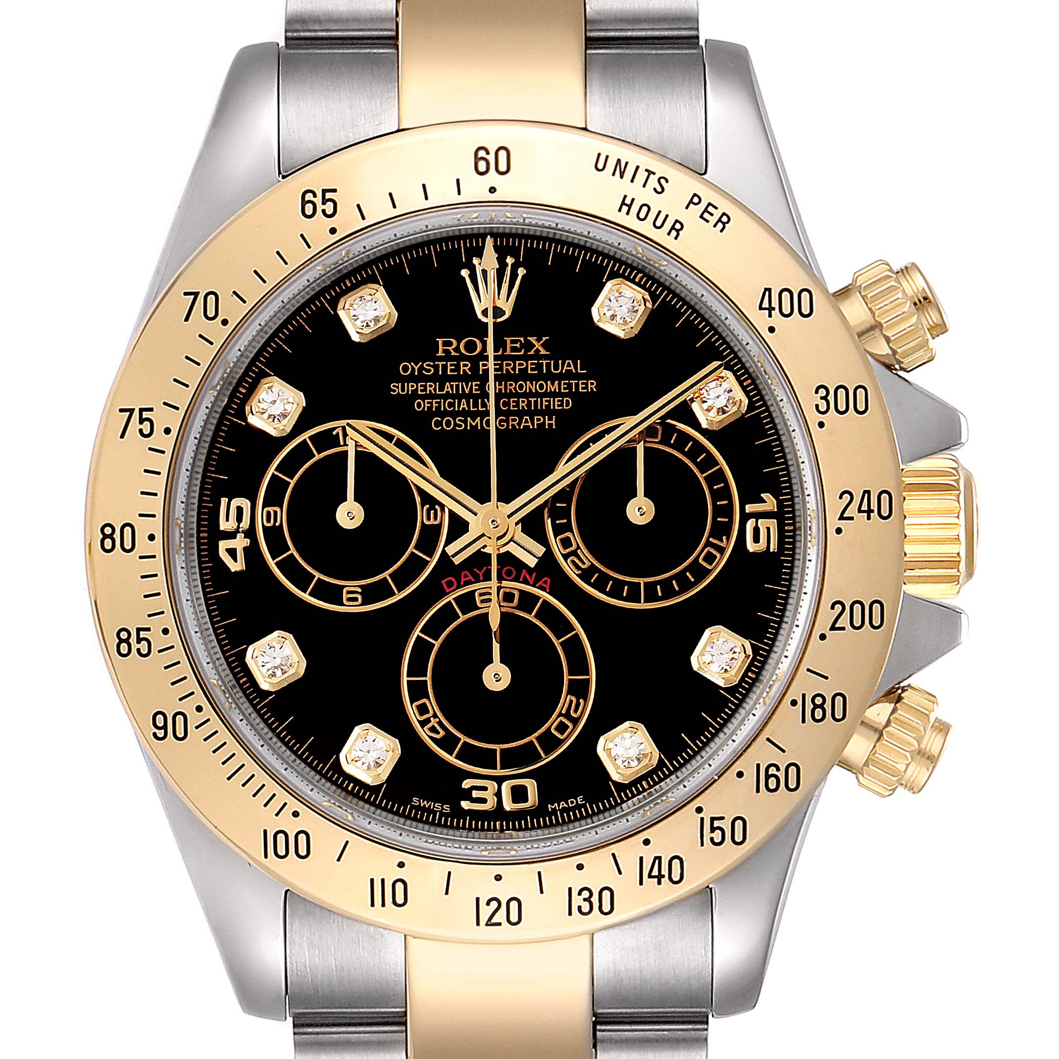 The image shows a frontal view of the Rolex Daytona 116523 Men
s Steel and Gold (two tone) Black Dial 116523 Men
s Steel and Gold (two tone) Black Dial watch, highlighting its gold bezel, three sub-dials, and diamond hour markers.