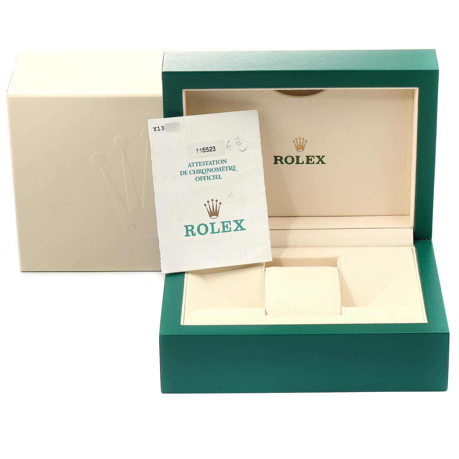 The image shows the packaging and paperwork for a Rolex Daytona 116523 Men
s Steel and Gold (two tone) Black Dial 116523 Men
s Steel and Gold (two tone) Black Dial, including a green box and certification document.