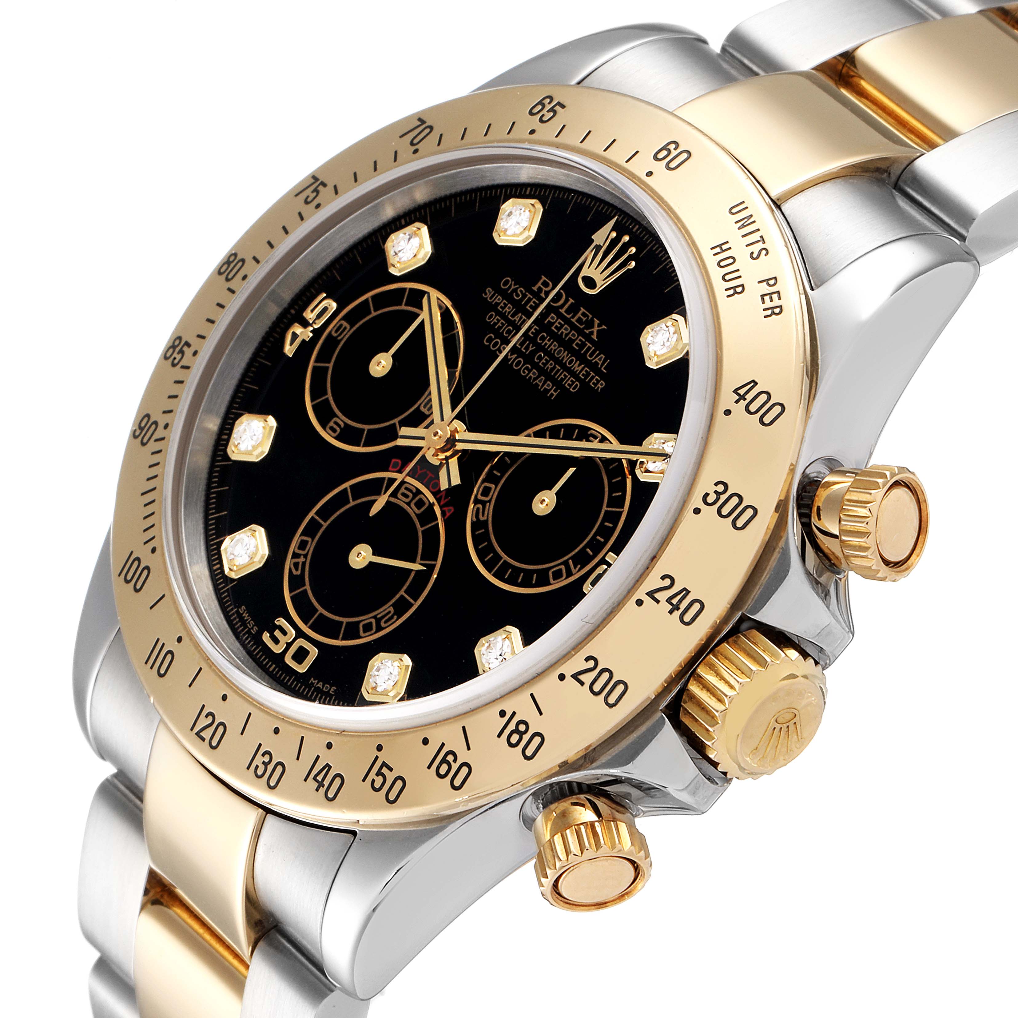This image shows a close-up of the Rolex Daytona 116523 Men
s Steel and Gold (two tone) Black Dial 116523 Men
s Steel and Gold (two tone) Black Dial watch at an oblique angle, highlighting the dial, bezel, and crown.