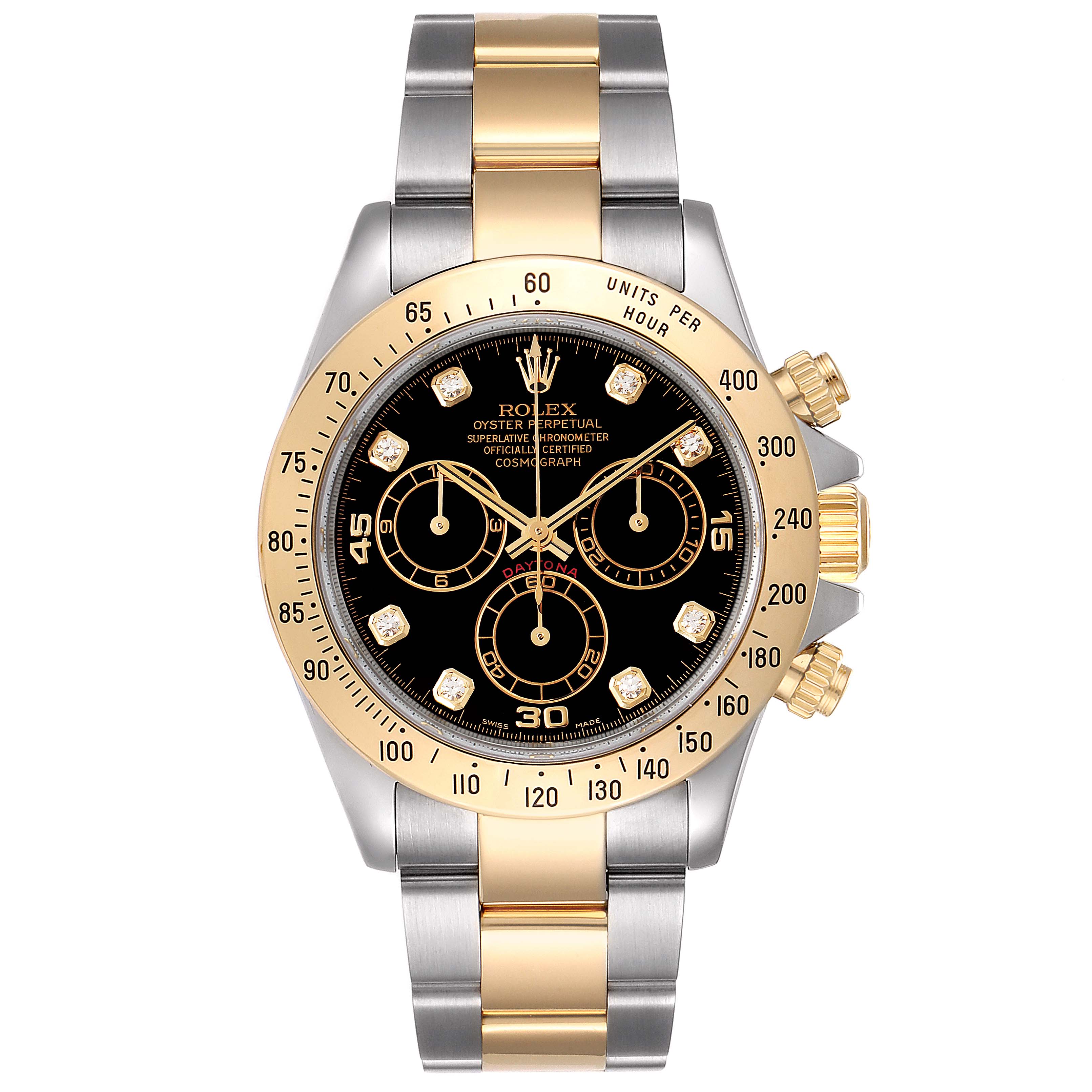The Rolex Daytona 116523 Men
s Steel and Gold (two tone) Black Dial 116523 Men
s Steel and Gold (two tone) Black Dial watch is shown from a front angle, displaying its face, bezel, dial, and bracelet.