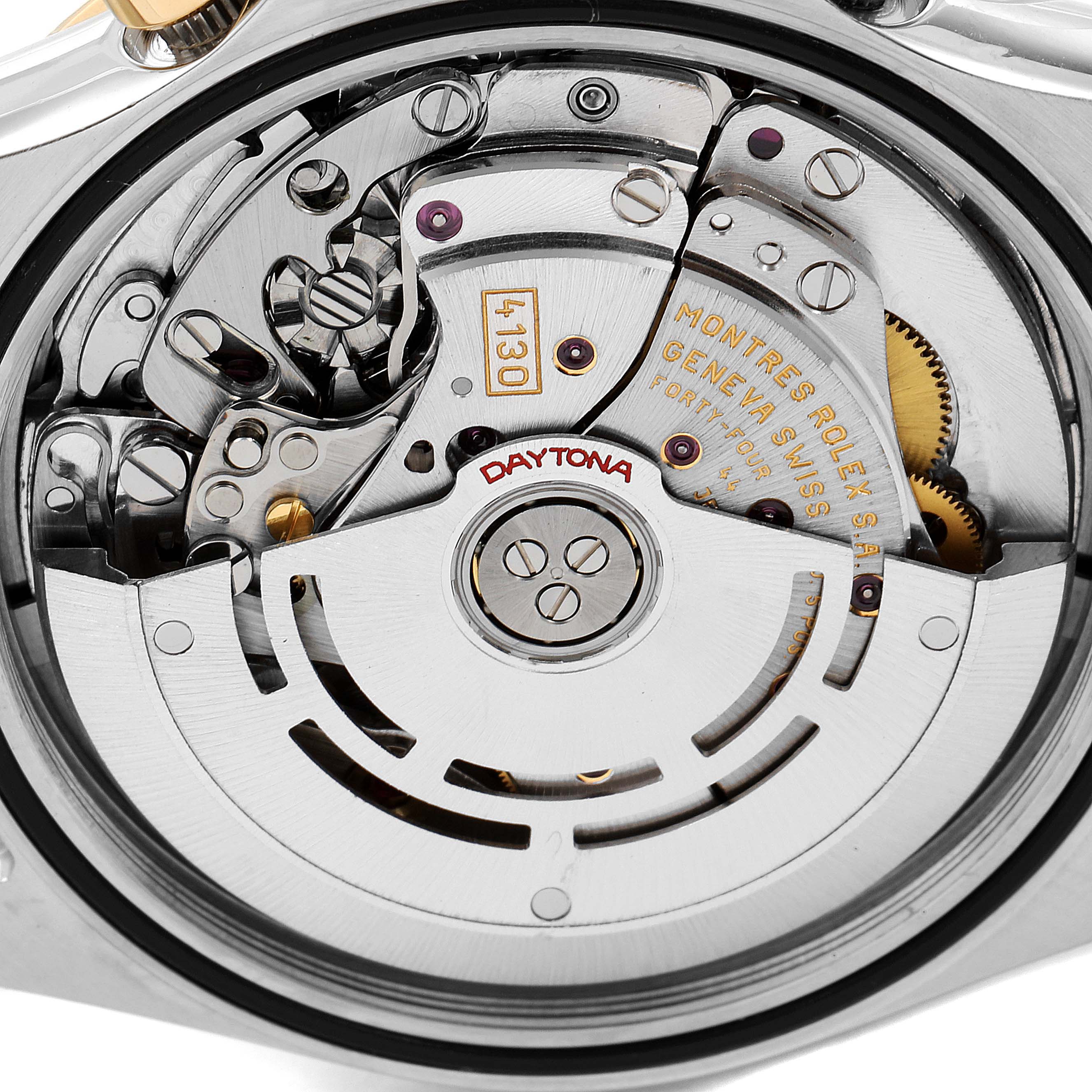 This image shows the internal mechanical movement of a Rolex Daytona 116523 Men
s Steel and Gold (two tone) Black Dial 116523 Men
s Steel and Gold (two tone) Black Dial watch from a close-up, front-facing angle.