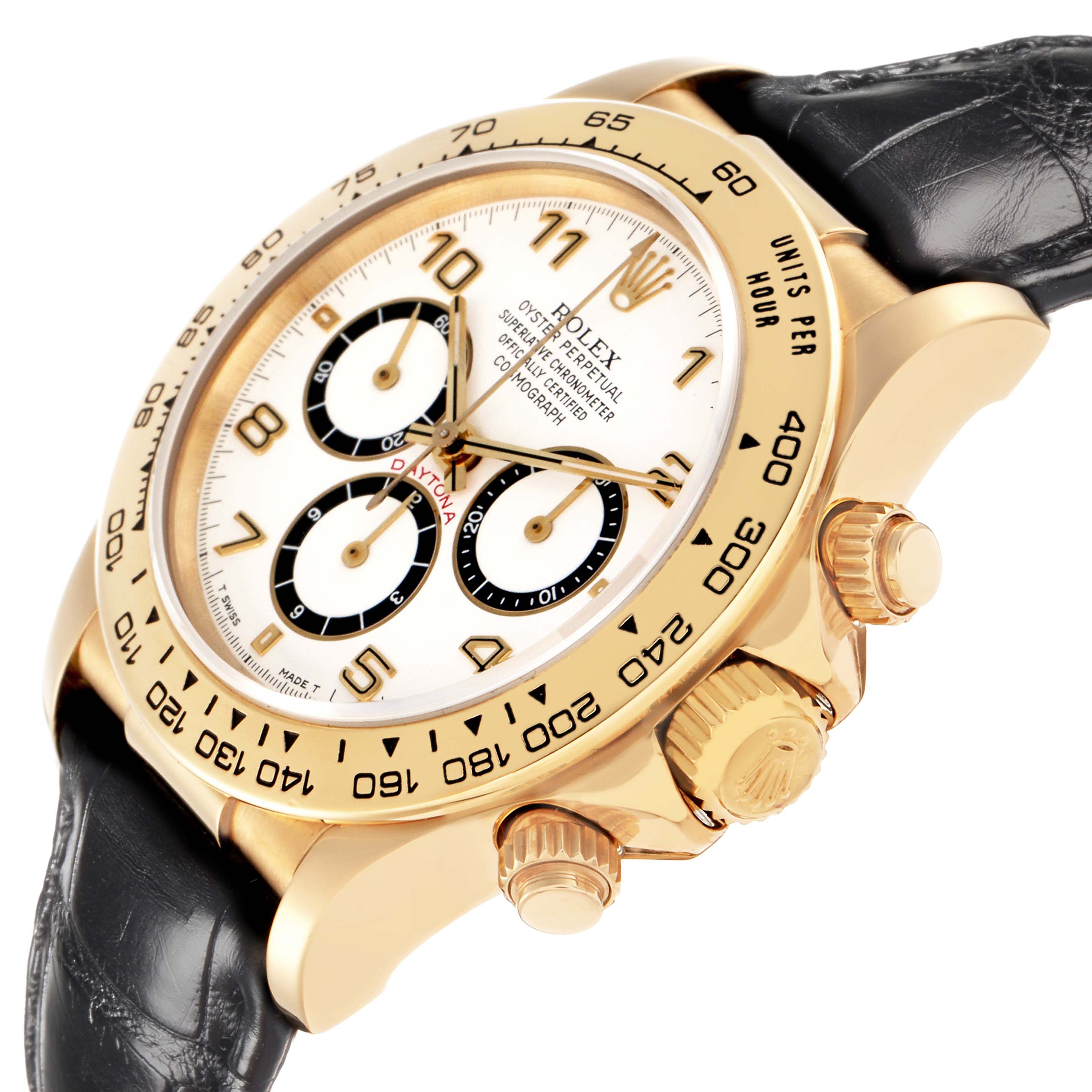 The Rolex Daytona model 16518 is shown from an angled side view, highlighting the watch face, bezel, pushers, crown, and part of the leather strap.