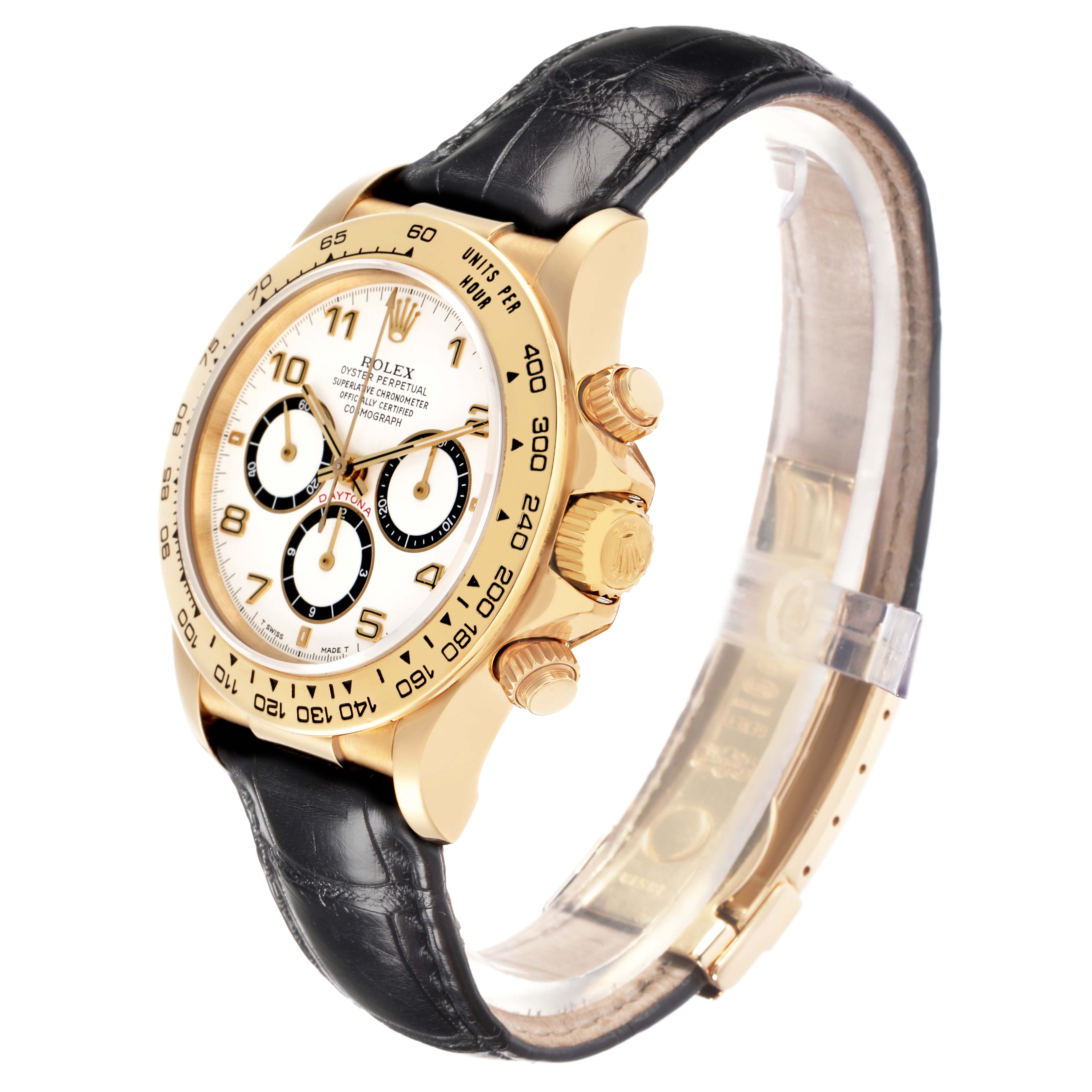 The Rolex Daytona model 16518 men's watch is shown at an oblique angle, highlighting its gold case, black leather strap, and chronograph dials.