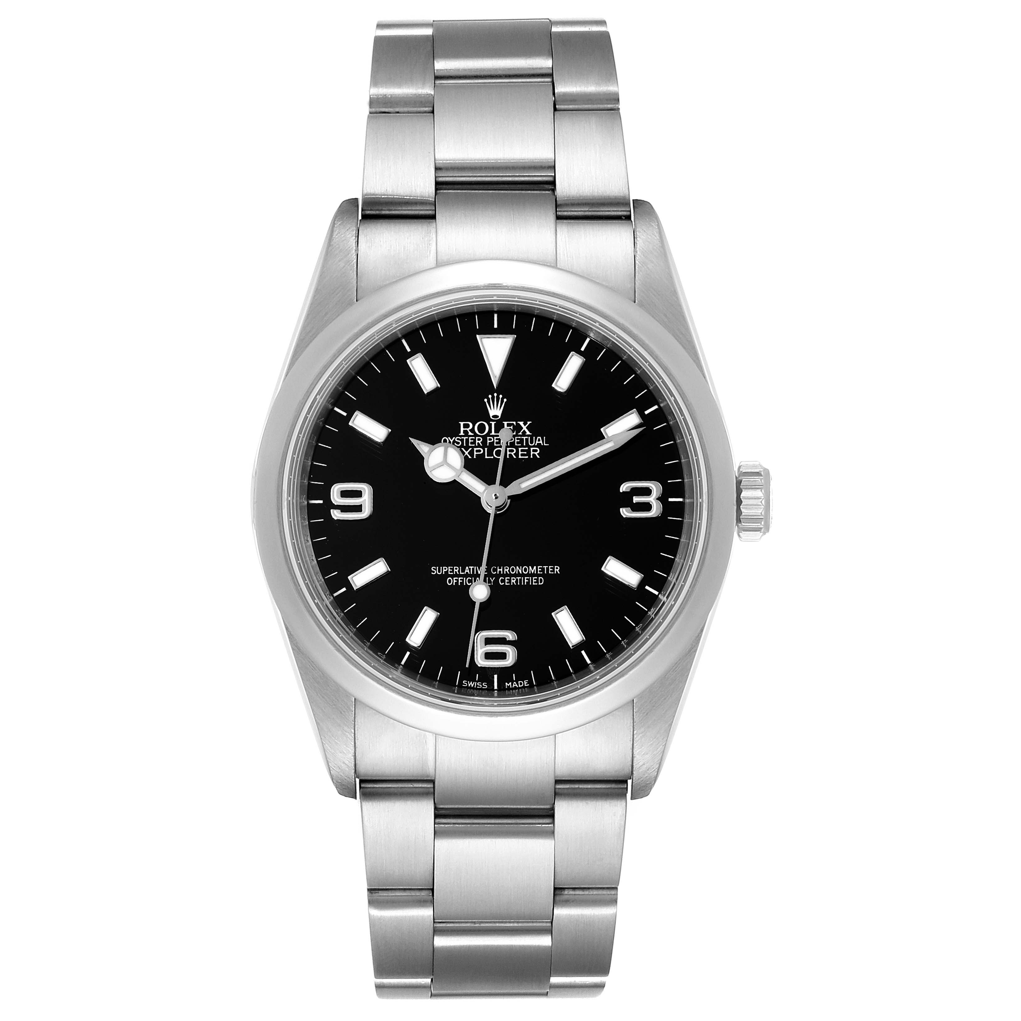 This image shows a front view of the Rolex Explorer 114270 Men's Stainless Steel Black Dial 114270 Men's Stainless Steel Black Dial, highlighting its black dial, stainless steel case, and bracelet.