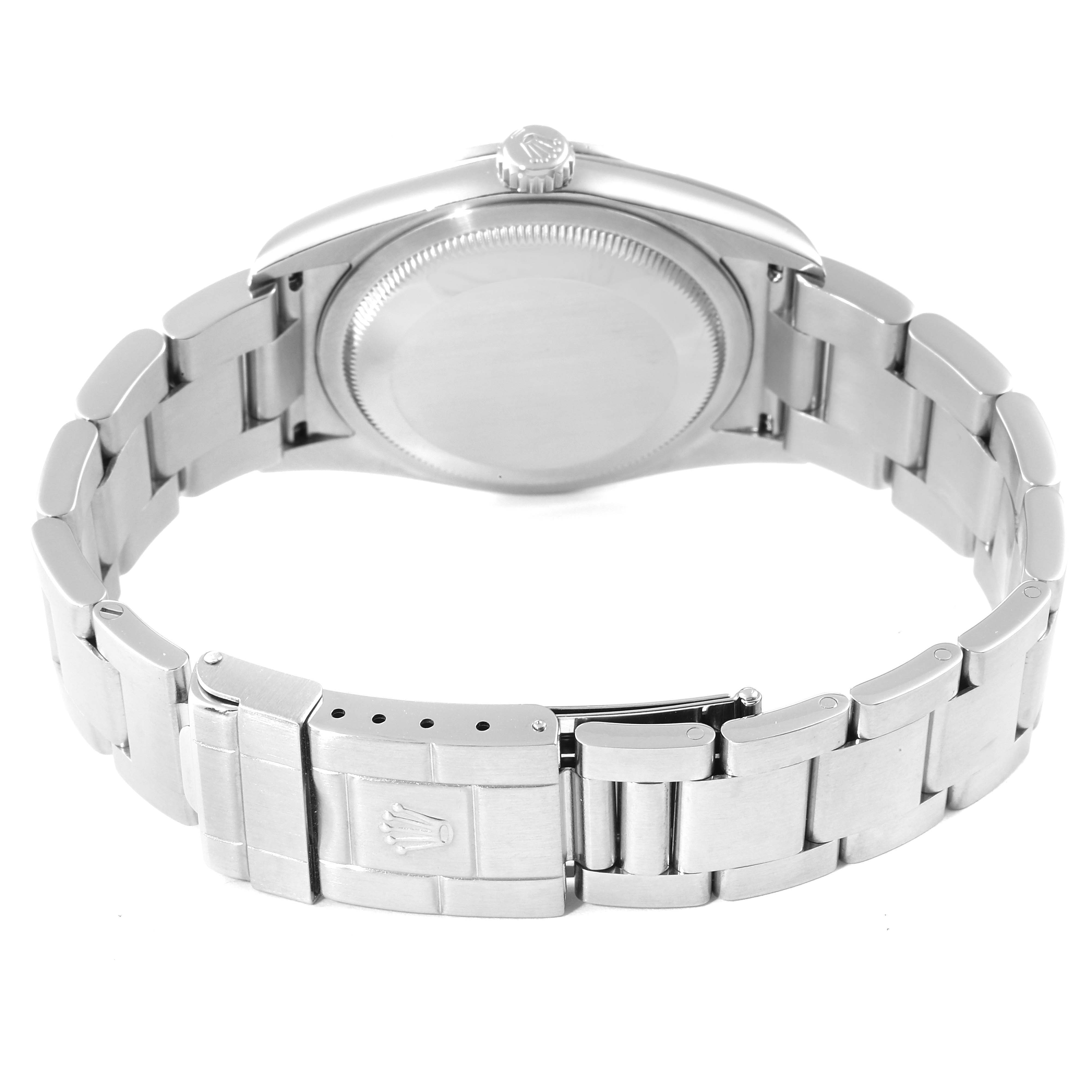 The image shows the back and clasp of a Rolex Explorer 114270 Men's Stainless Steel Black Dial 114270 Men's Stainless Steel Black Dial watch, highlighting the bracelet and case back.