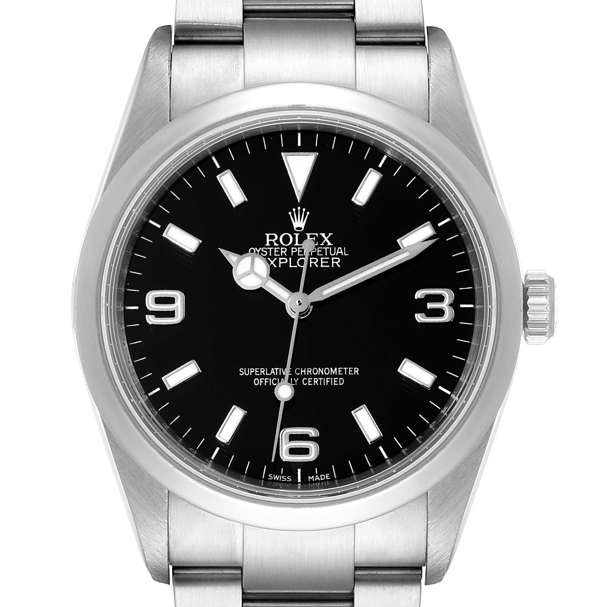 The image shows a frontal view of a Rolex Explorer 114270 Men's Stainless Steel Black Dial 114270 Men's Stainless Steel Black Dial model watch, highlighting its dial, bezel, crown, and part of the bracelet.