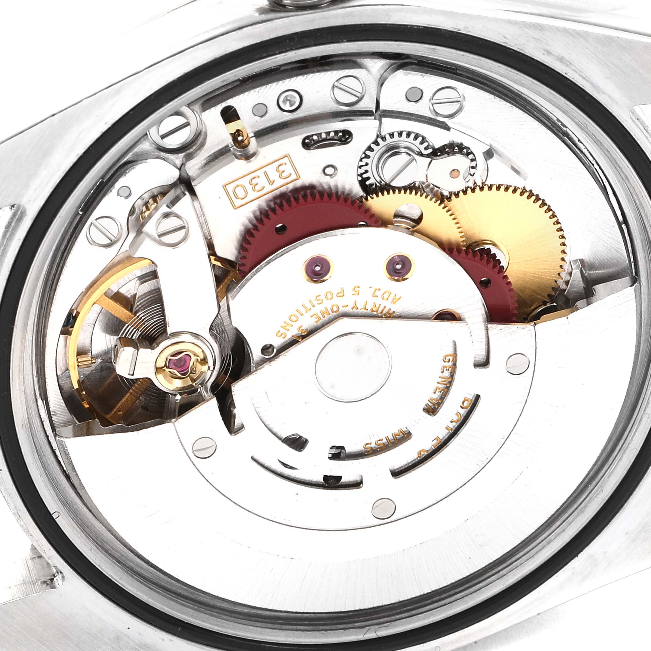This image shows the internal mechanism and movement parts of a Rolex Explorer 114270 Men's Stainless Steel Black Dial 114270 Men's Stainless Steel Black Dial watch from a close-up, back-angle view.