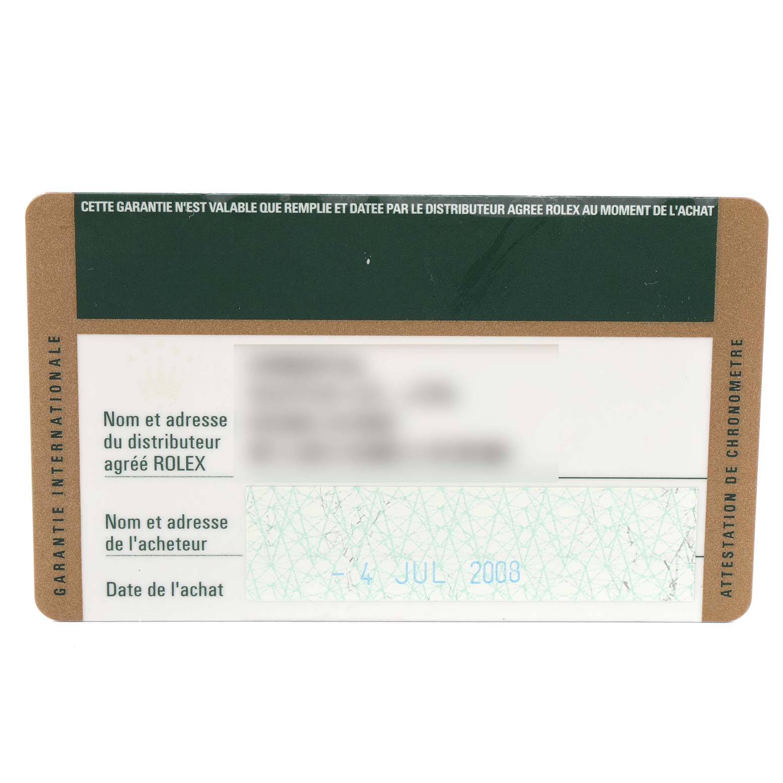 The image shows a warranty card for the Rolex Explorer 114270 Men's Stainless Steel Black Dial 114270 Men's Stainless Steel Black Dial model, containing purchase details.