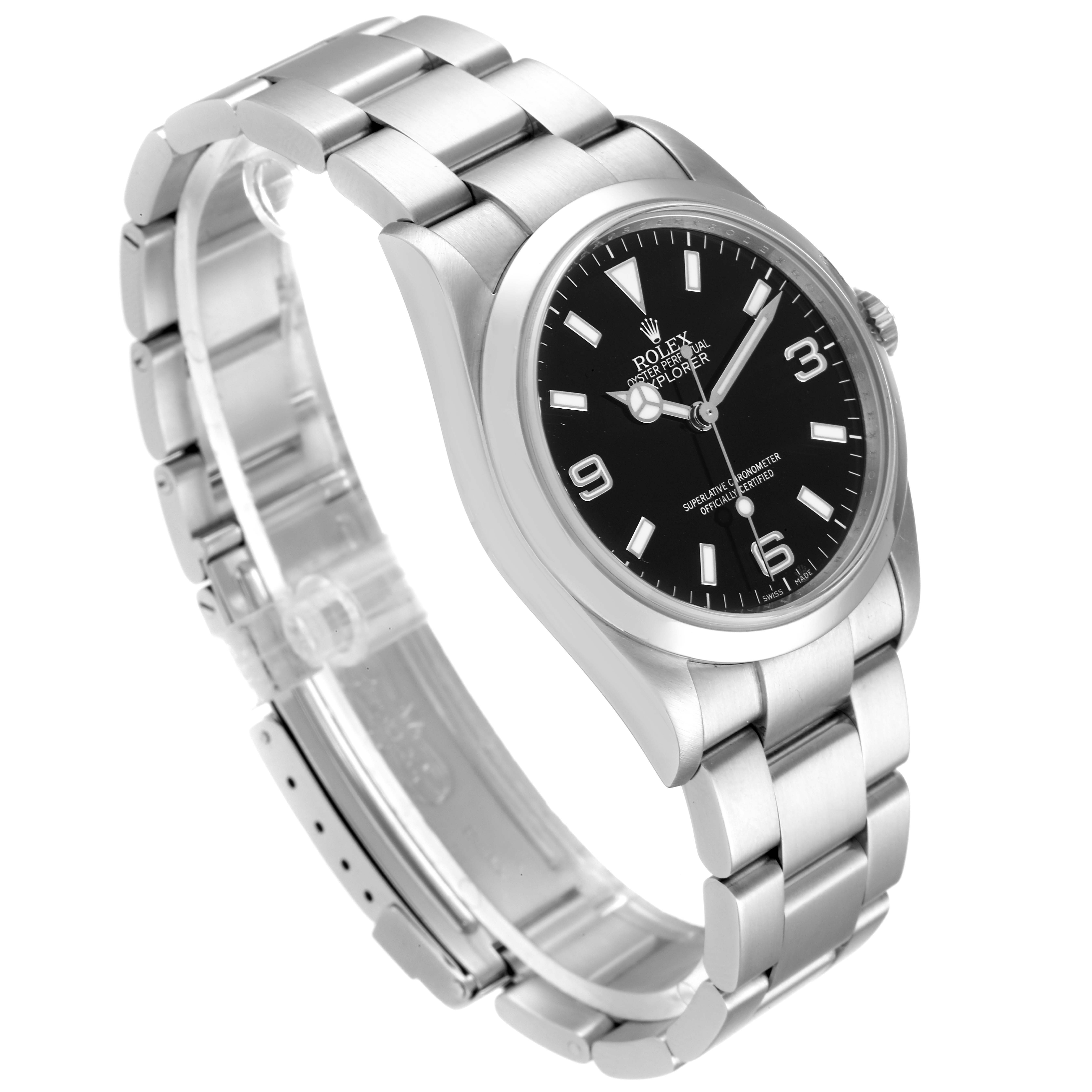The Rolex Explorer 114270 Men's Stainless Steel Black Dial 114270 Men's Stainless Steel Black Dial watch is shown at an angled side view, displaying the face, bezel, case, and bracelet.