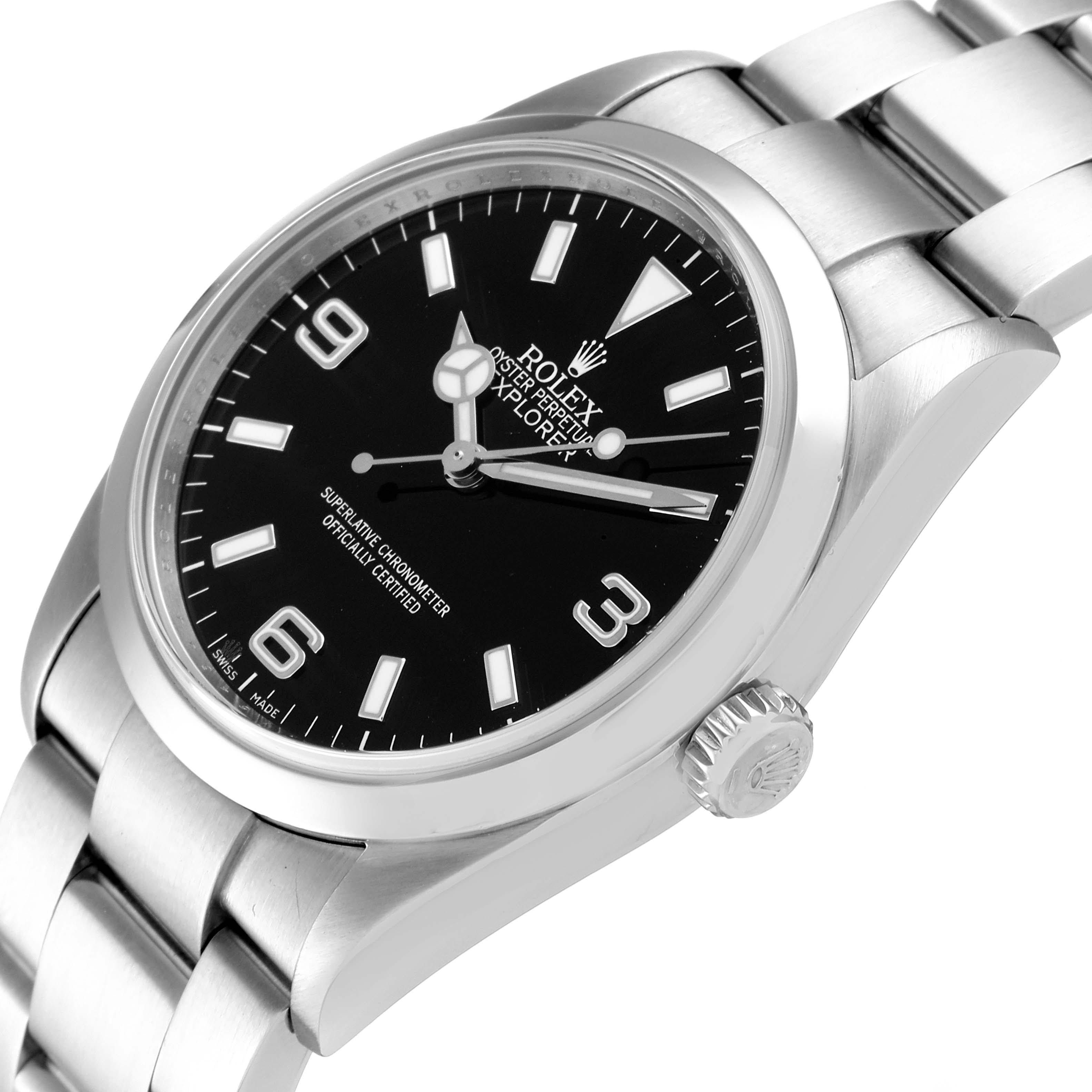 The image shows a side angle of the Rolex Explorer 114270 Men's Stainless Steel Black Dial 114270 Men's Stainless Steel Black Dial model, highlighting its stainless steel case, crown, and black dial with the bracelet.