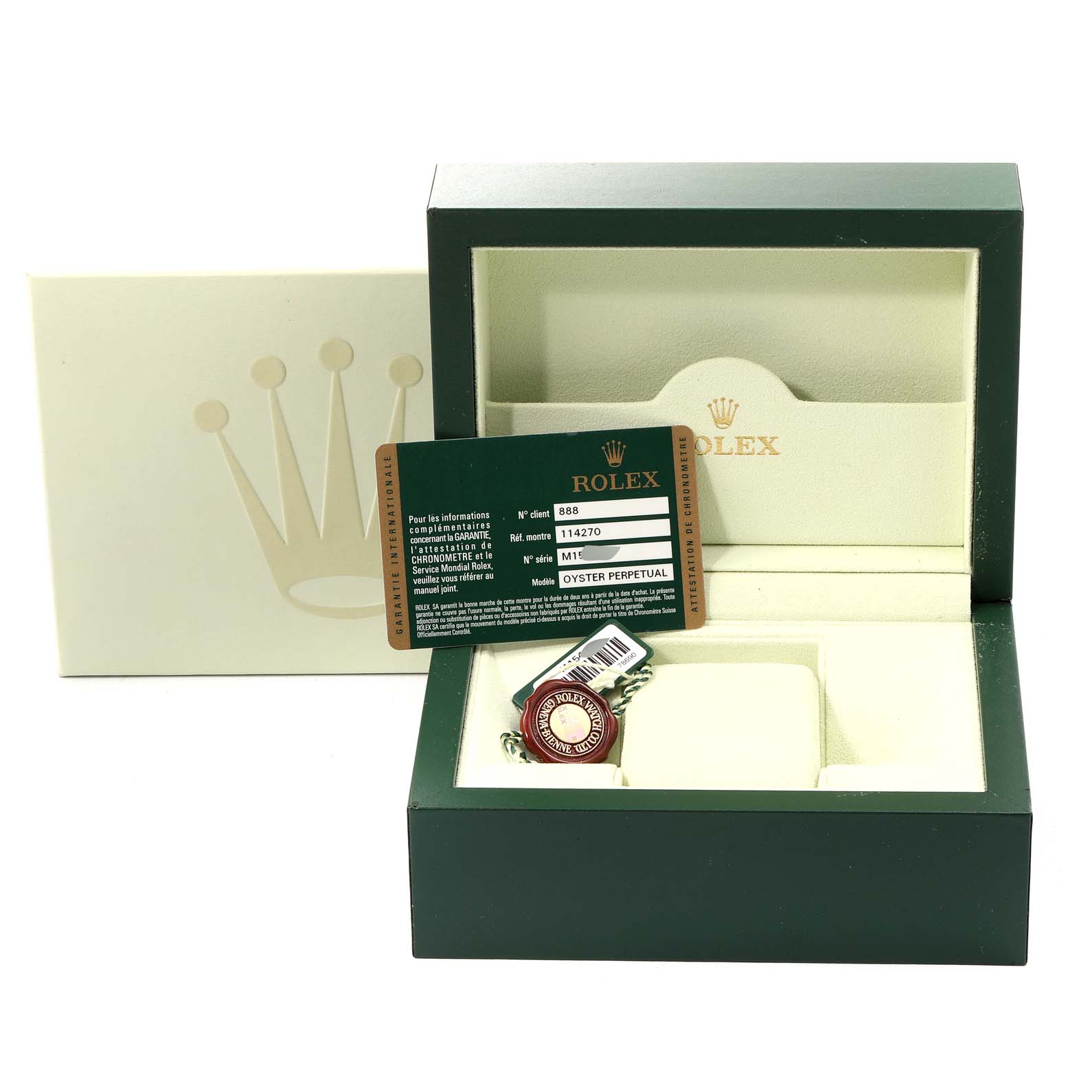 The image shows the packaging for a Rolex Explorer 114270 Men's Stainless Steel Black Dial 114270 Men's Stainless Steel Black Dial, including the box, card, and tag.