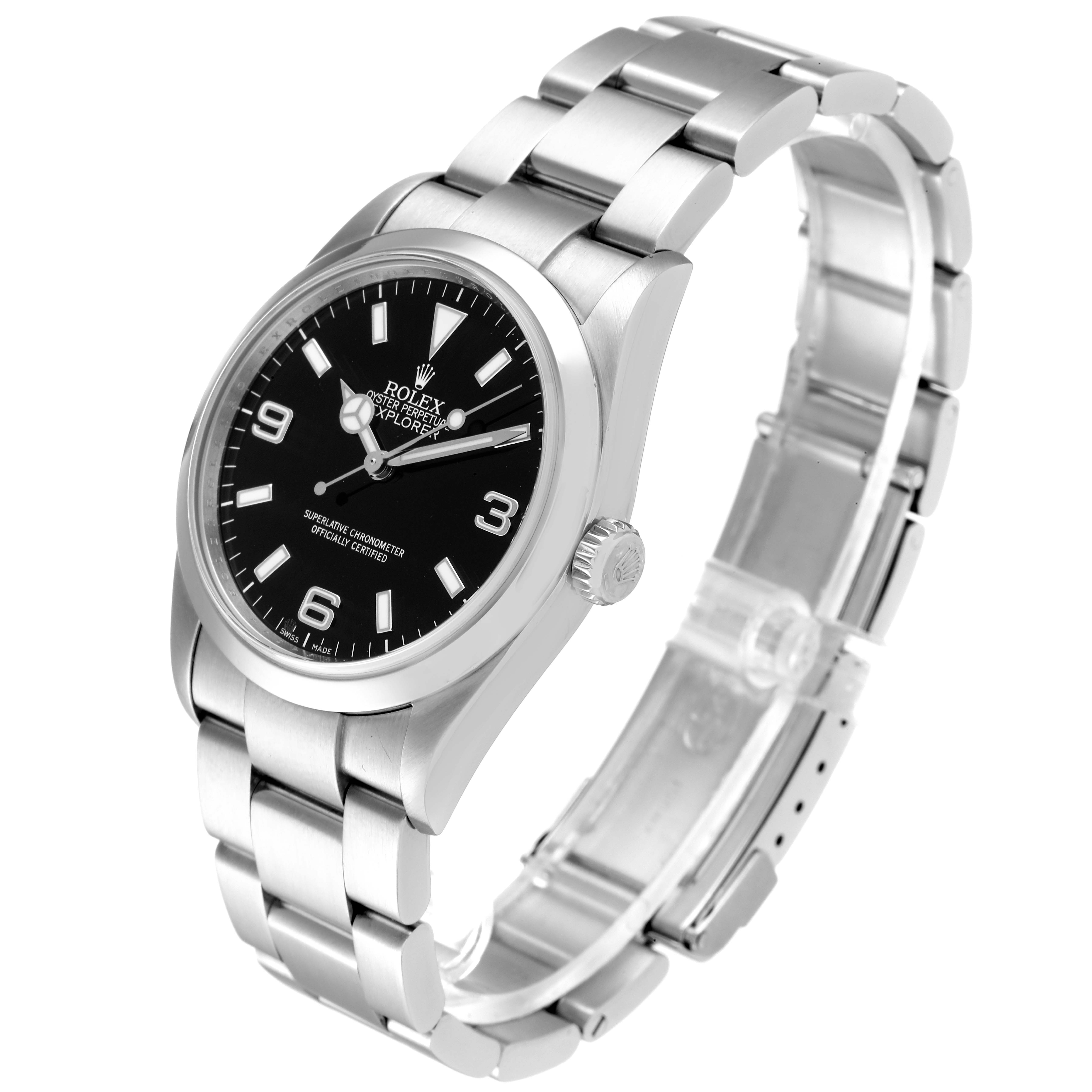 This image shows a Rolex Explorer 114270 Men's Stainless Steel Black Dial 114270 Men's Stainless Steel Black Dial watch from a tilted side angle, displaying the dial, crown, and bracelet.