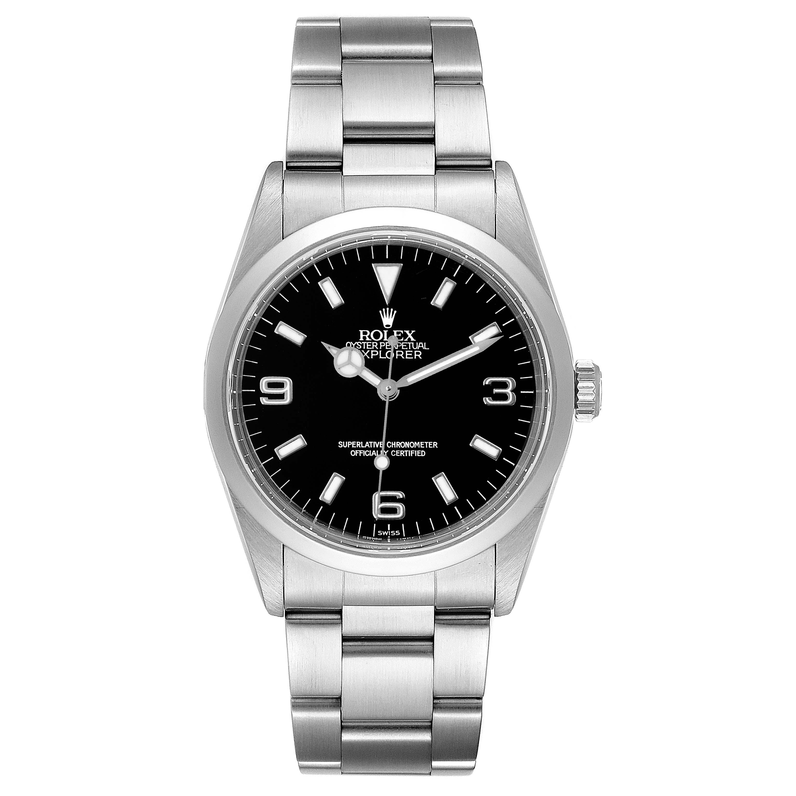 This is a front view of the Rolex Explorer 14270 Men's Stainless Steel Black Dial 14270 Men's Stainless Steel Black Dial watch, showing the dial, hands, case, and bracelet.