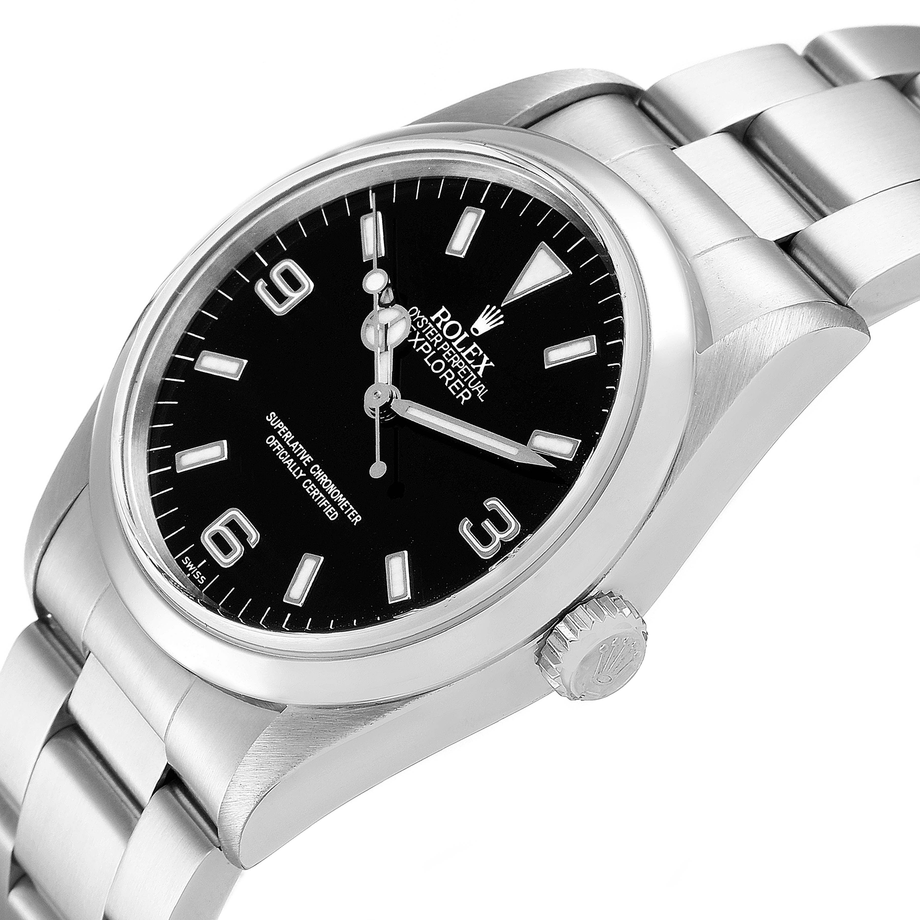 This angled view of a Rolex Explorer 14270 Men's Stainless Steel Black Dial 14270 Men's Stainless Steel Black Dial model shows the watch face, bezel, crown, and part of the bracelet.