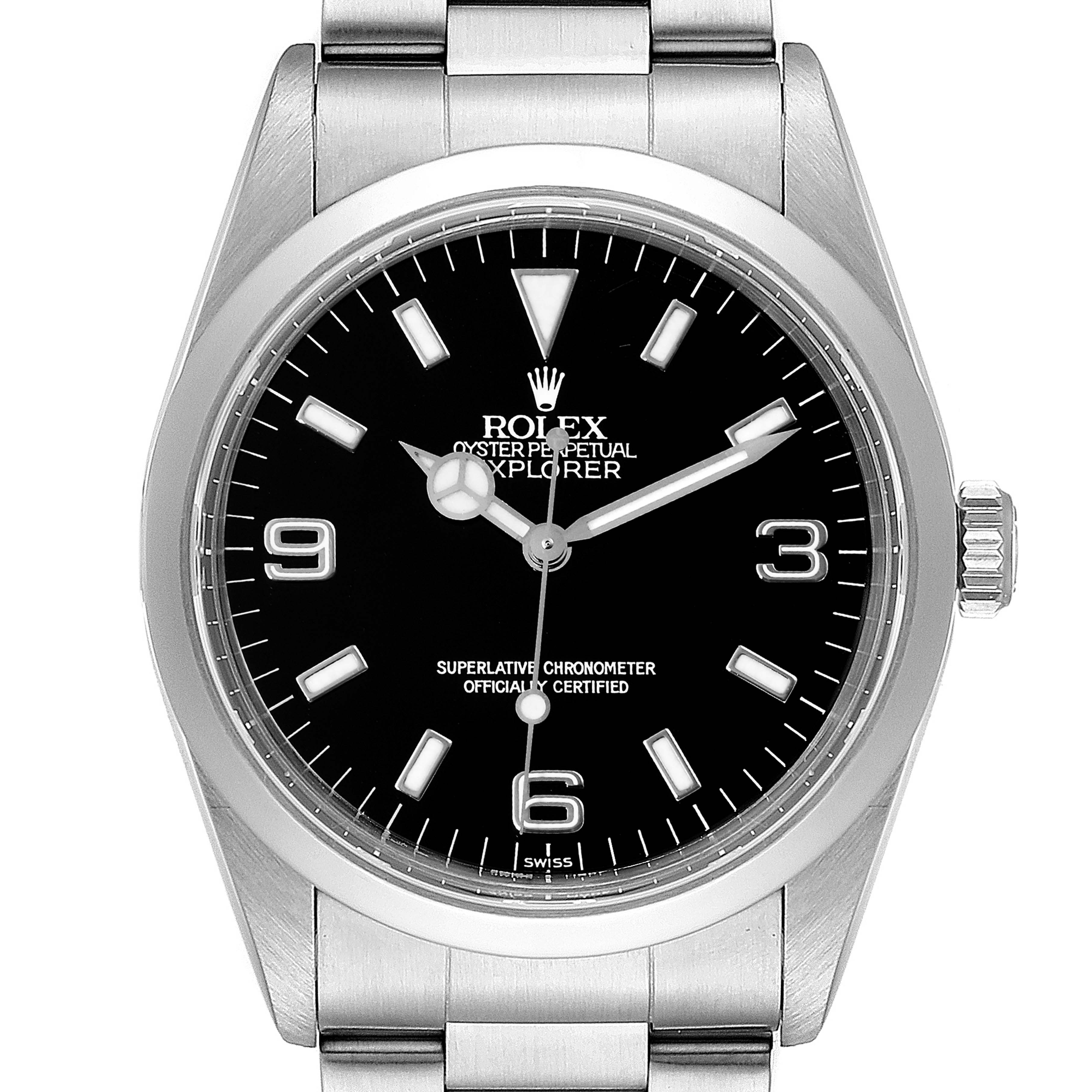 The image shows a front view of a Rolex Explorer 14270 Men's Stainless Steel Black Dial 14270 Men's Stainless Steel Black Dial watch, displaying its black dial, numerals, hands, and part of its stainless steel bracelet.