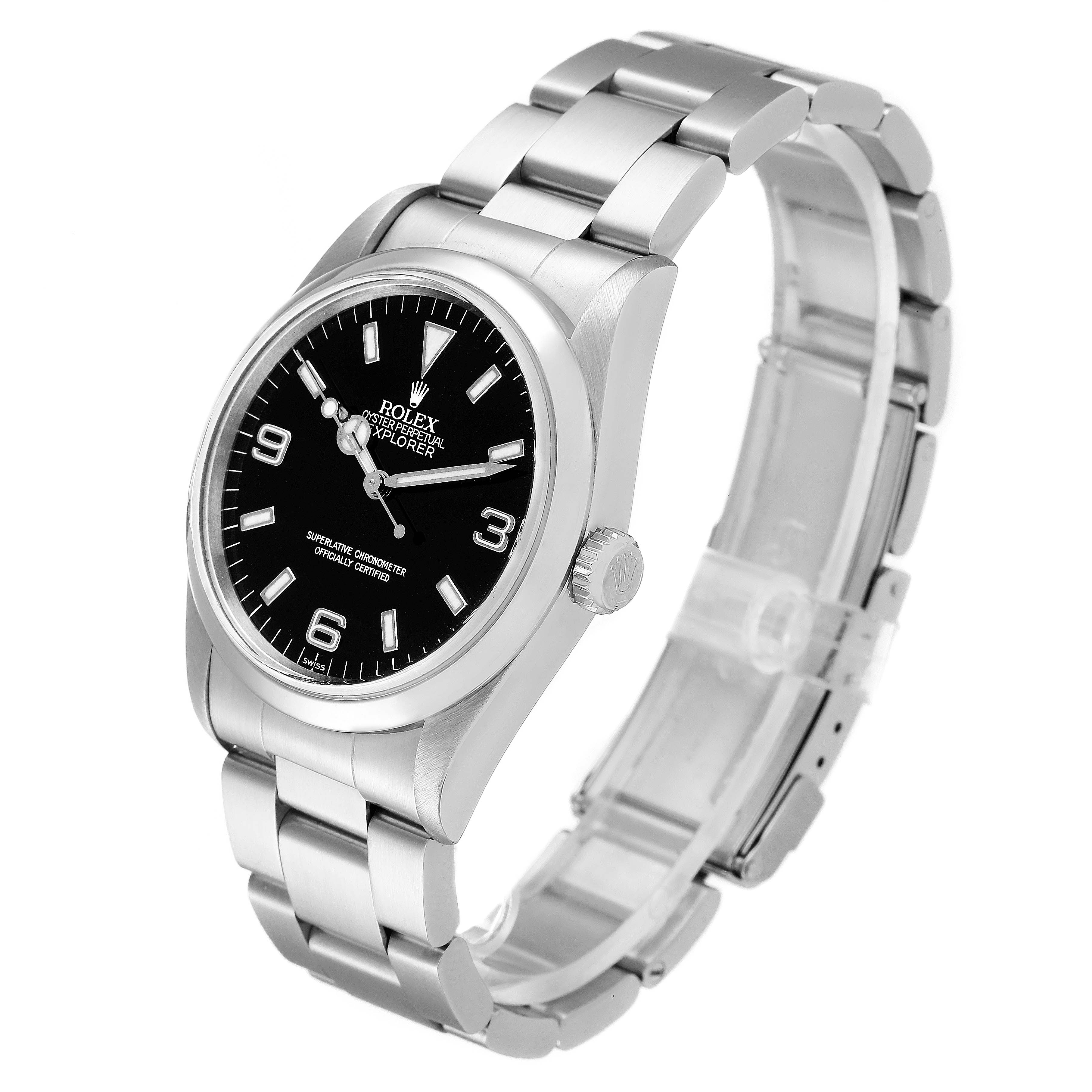 The Rolex Explorer 14270 Men's Stainless Steel Black Dial 14270 Men's Stainless Steel Black Dial watch is shown at an angled side view, displaying its black dial, case, crown, and full bracelet.