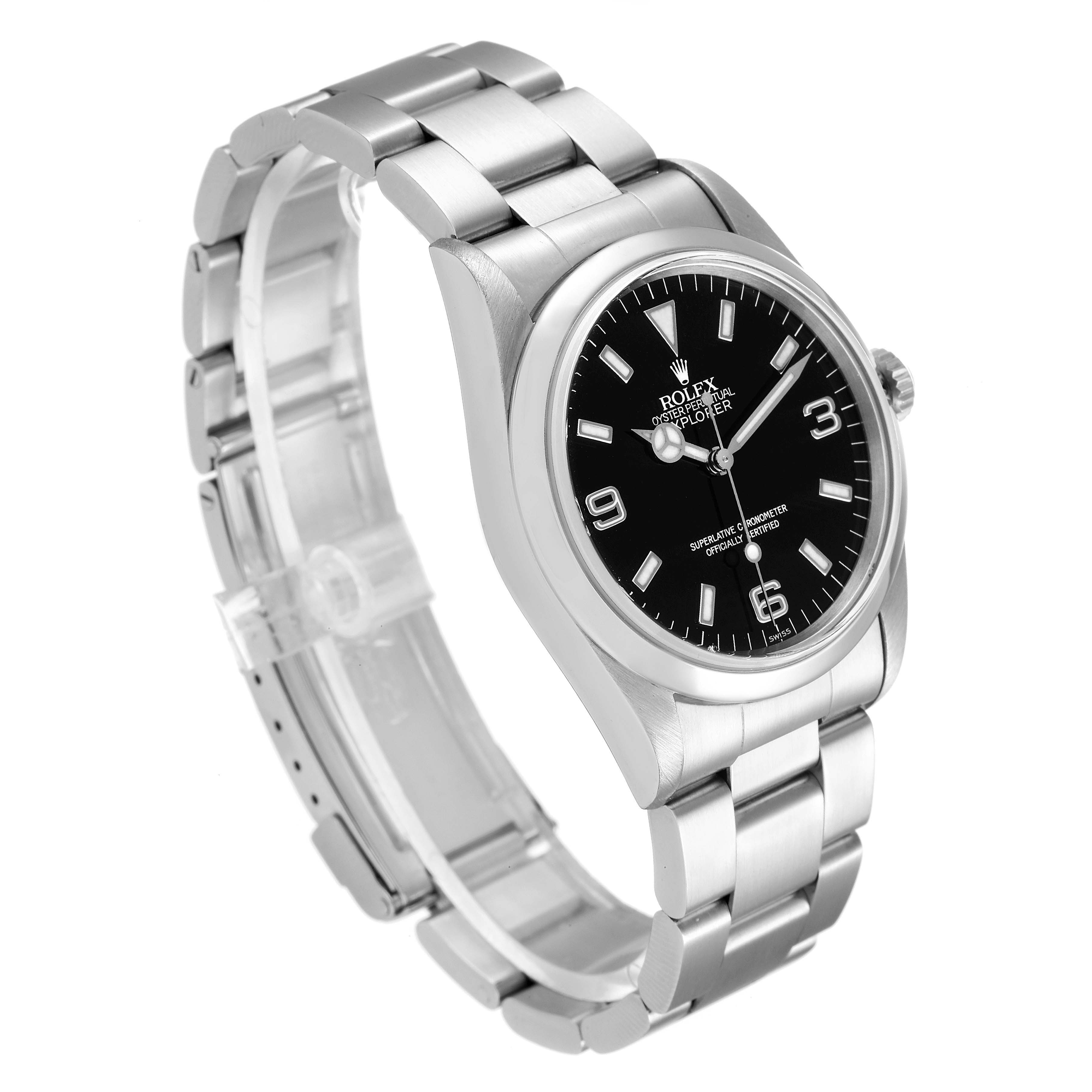 The image shows a side angle of the Rolex Explorer 14270 Men's Stainless Steel Black Dial 14270 Men's Stainless Steel Black Dial watch, highlighting the black dial and stainless steel bracelet.