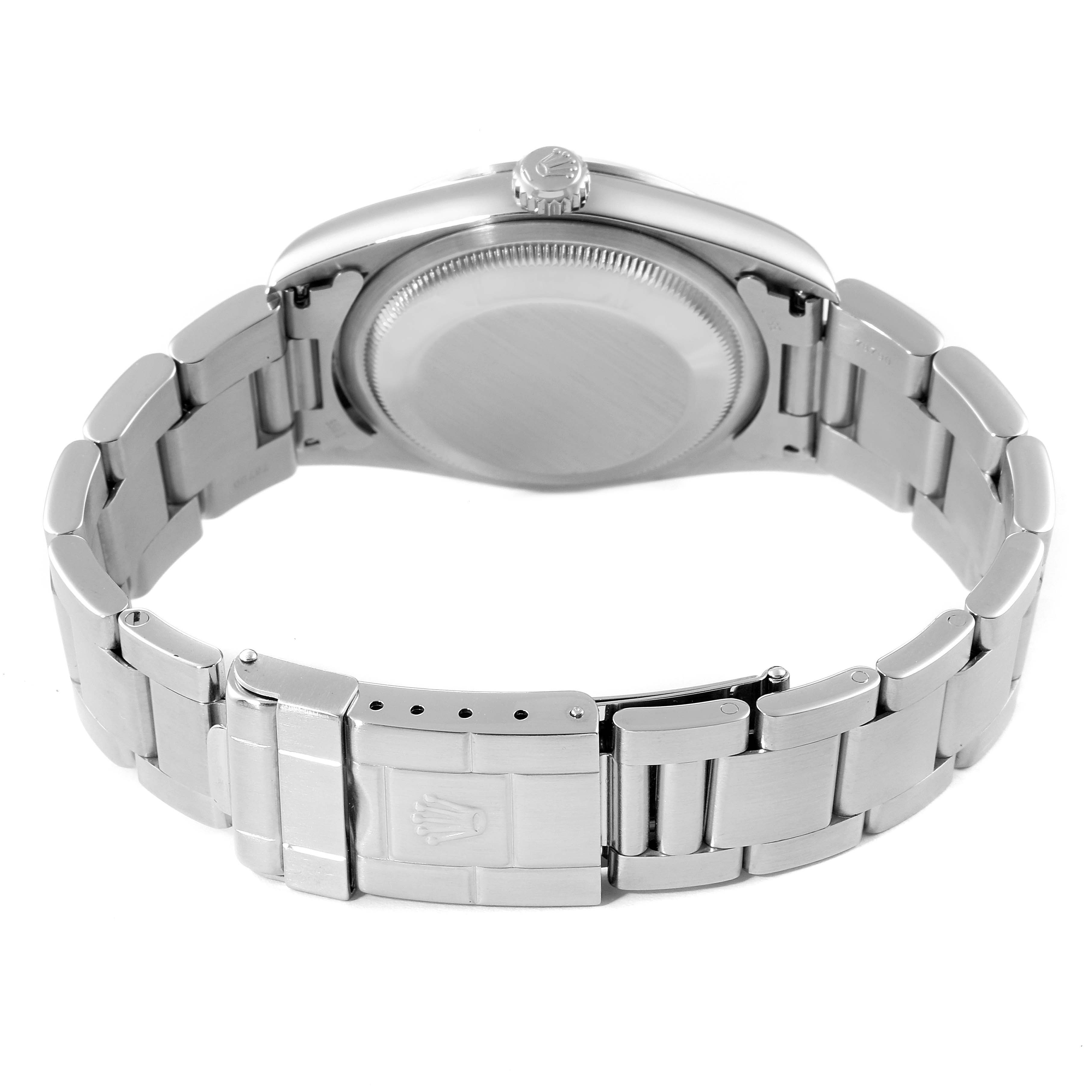 The image shows the rear view of the Rolex Explorer 14270 Men's Stainless Steel Black Dial 14270 Men's Stainless Steel Black Dial watch, highlighting the case back and the metal bracelet with the clasp.