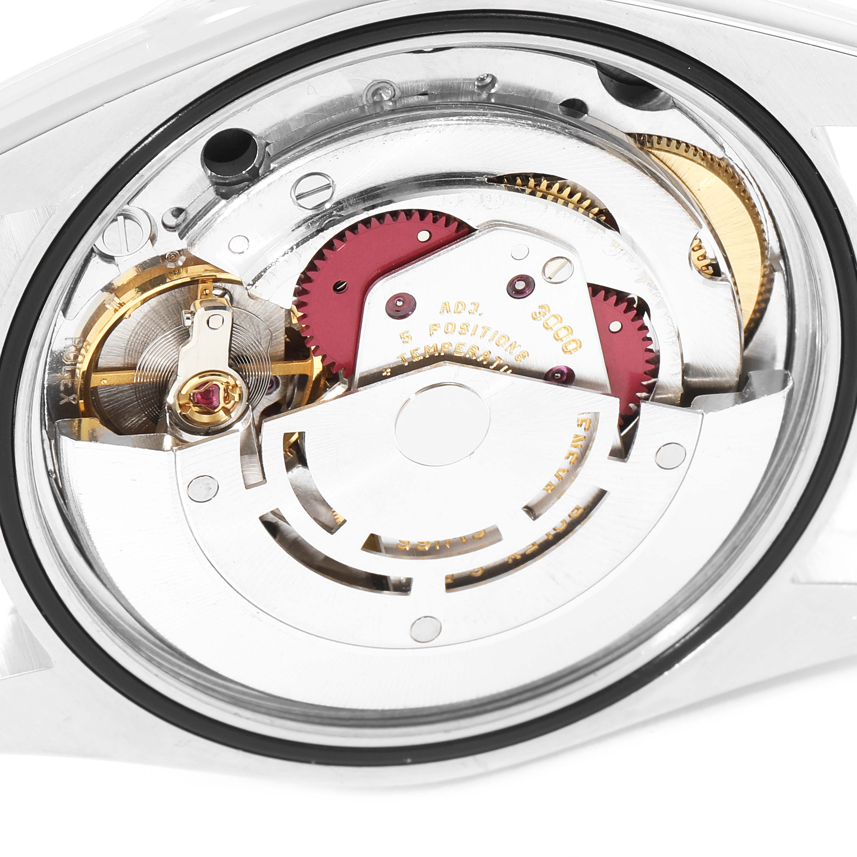 This close-up image shows the internal mechanical movement of the Rolex Explorer 14270 Men's Stainless Steel Black Dial 14270 Men's Stainless Steel Black Dial watch.