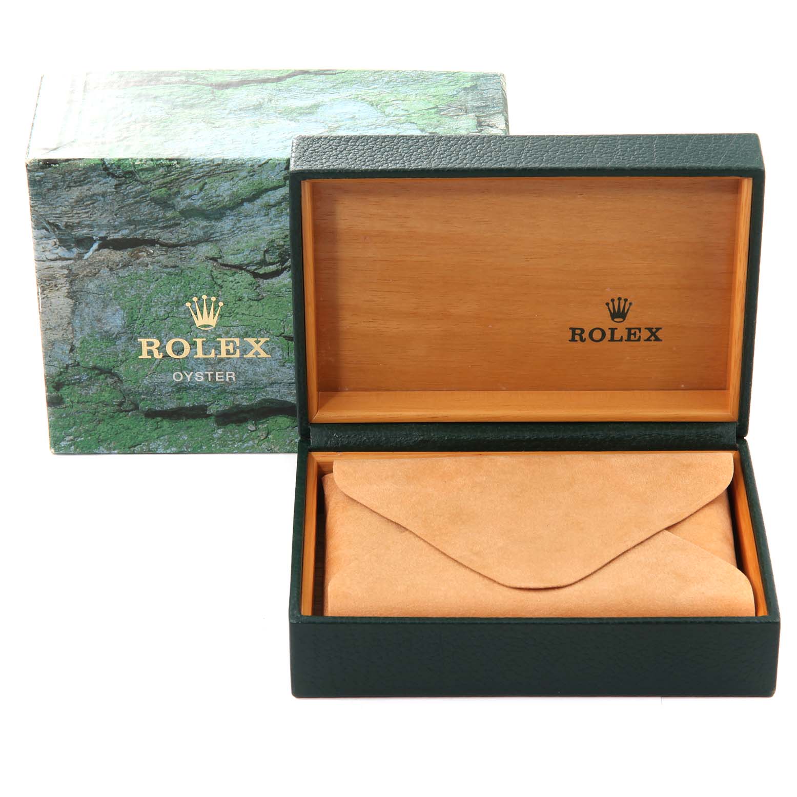 This image shows the packaging box for a Rolex Explorer 14270 Men's Stainless Steel Black Dial 14270 Men's Stainless Steel Black Dial, including the outer and inner boxes with a leather pouch inside.