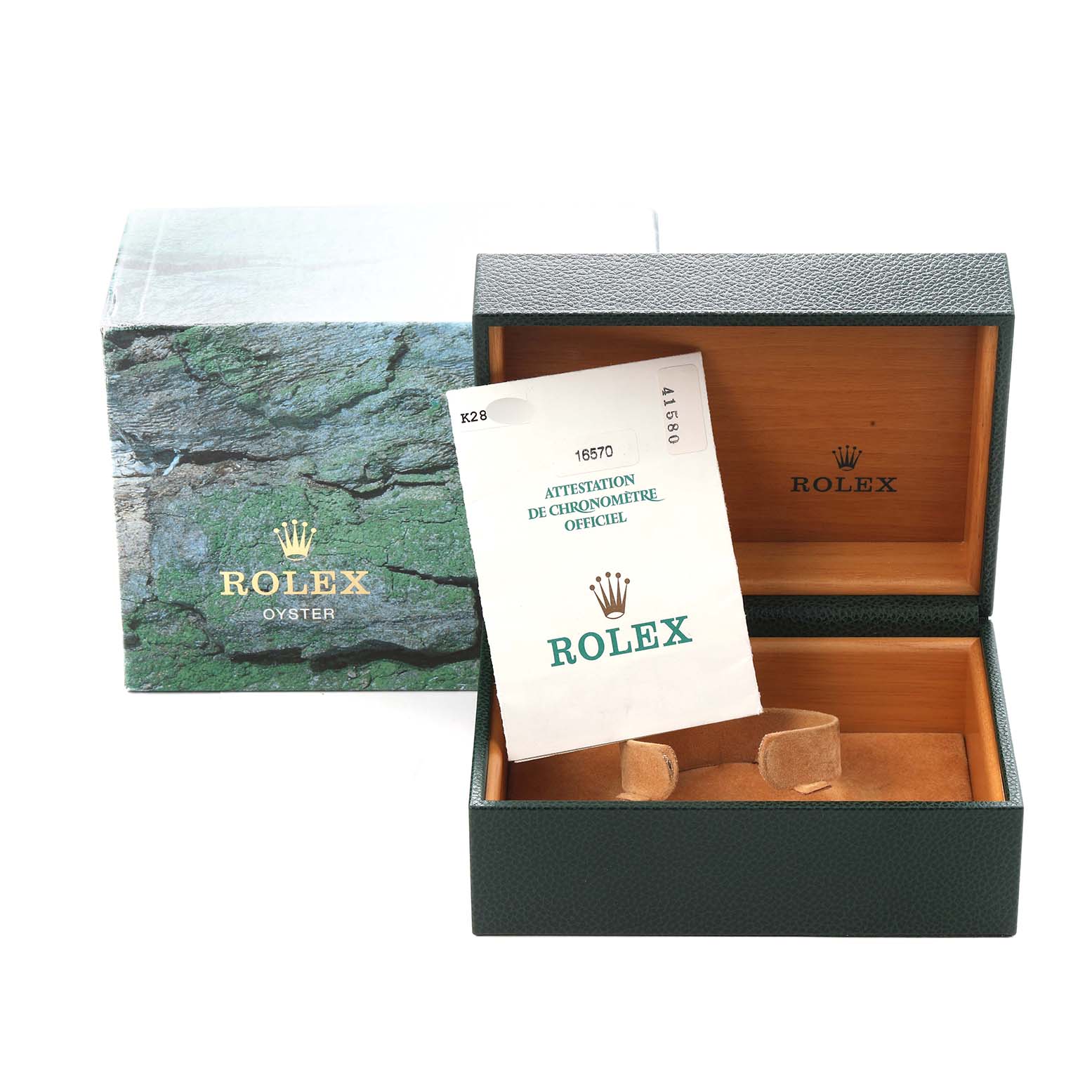 The image shows packaging for the Rolex Explorer, model 16570, including a green box with an interior view and official certification papers.