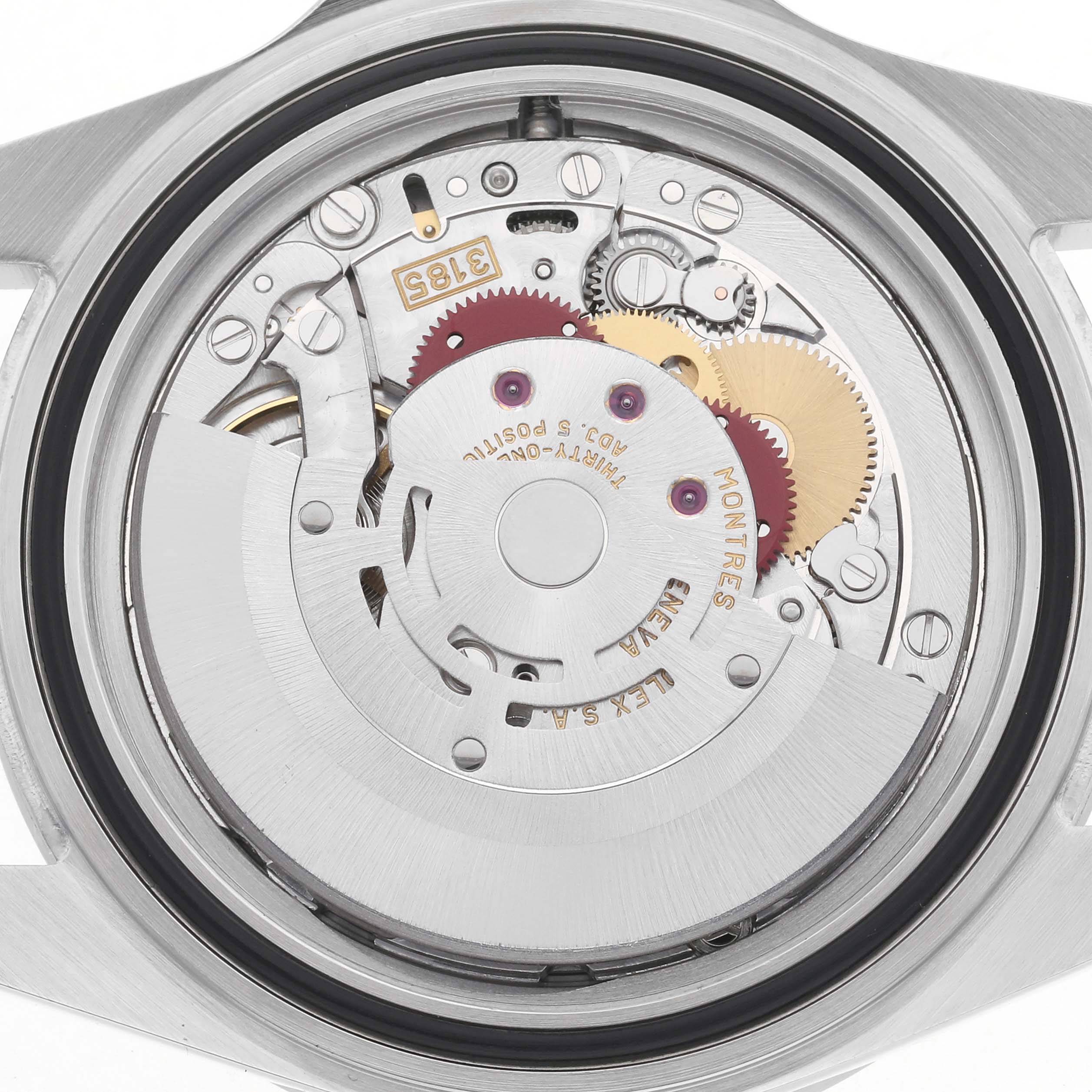 This image shows the inner mechanical movement of the Rolex Explorer, model number 16570, from a direct overhead angle.