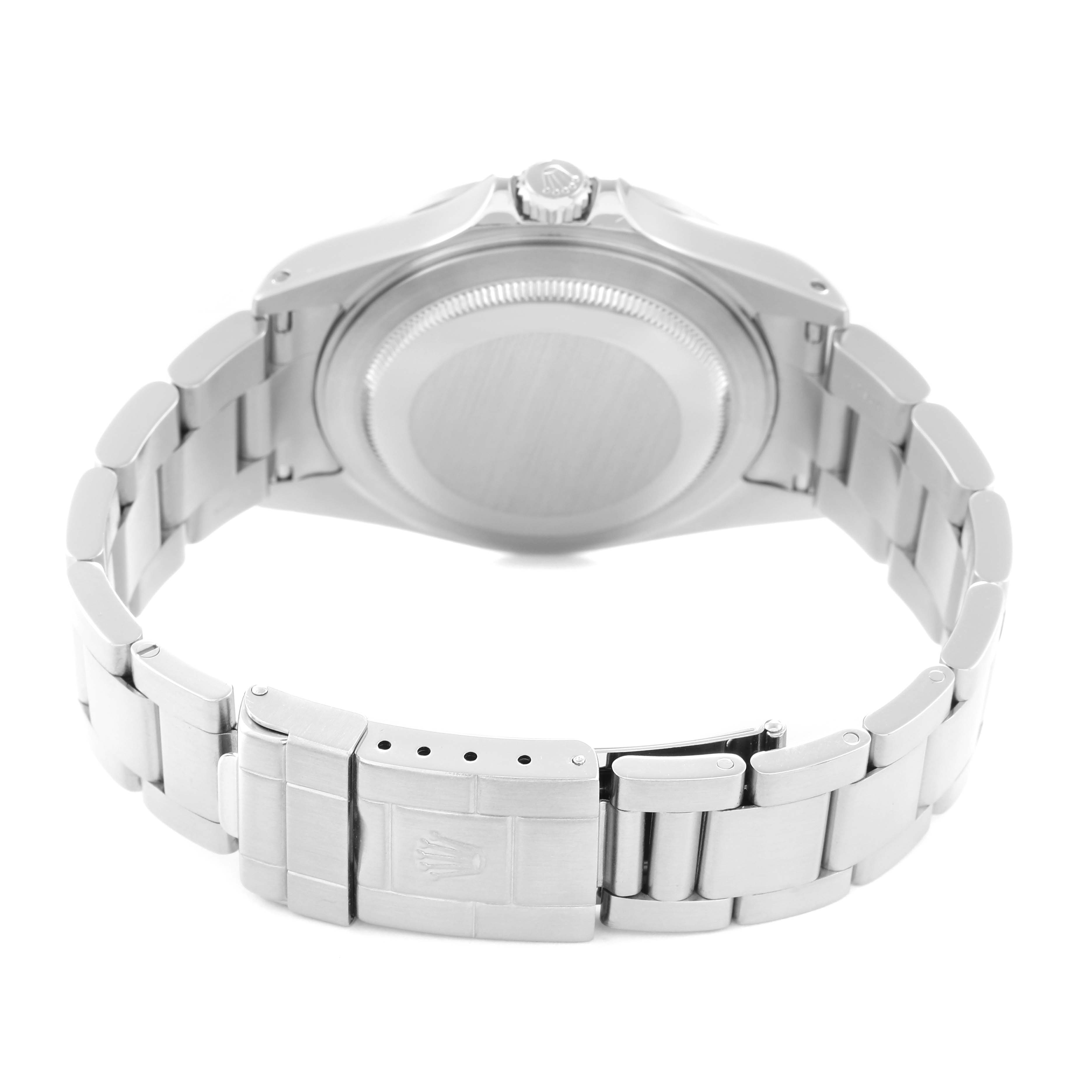 The image shows the back view of a Rolex Explorer model 16570 men's watch, highlighting the case back, lugs, bracelet, and clasp.